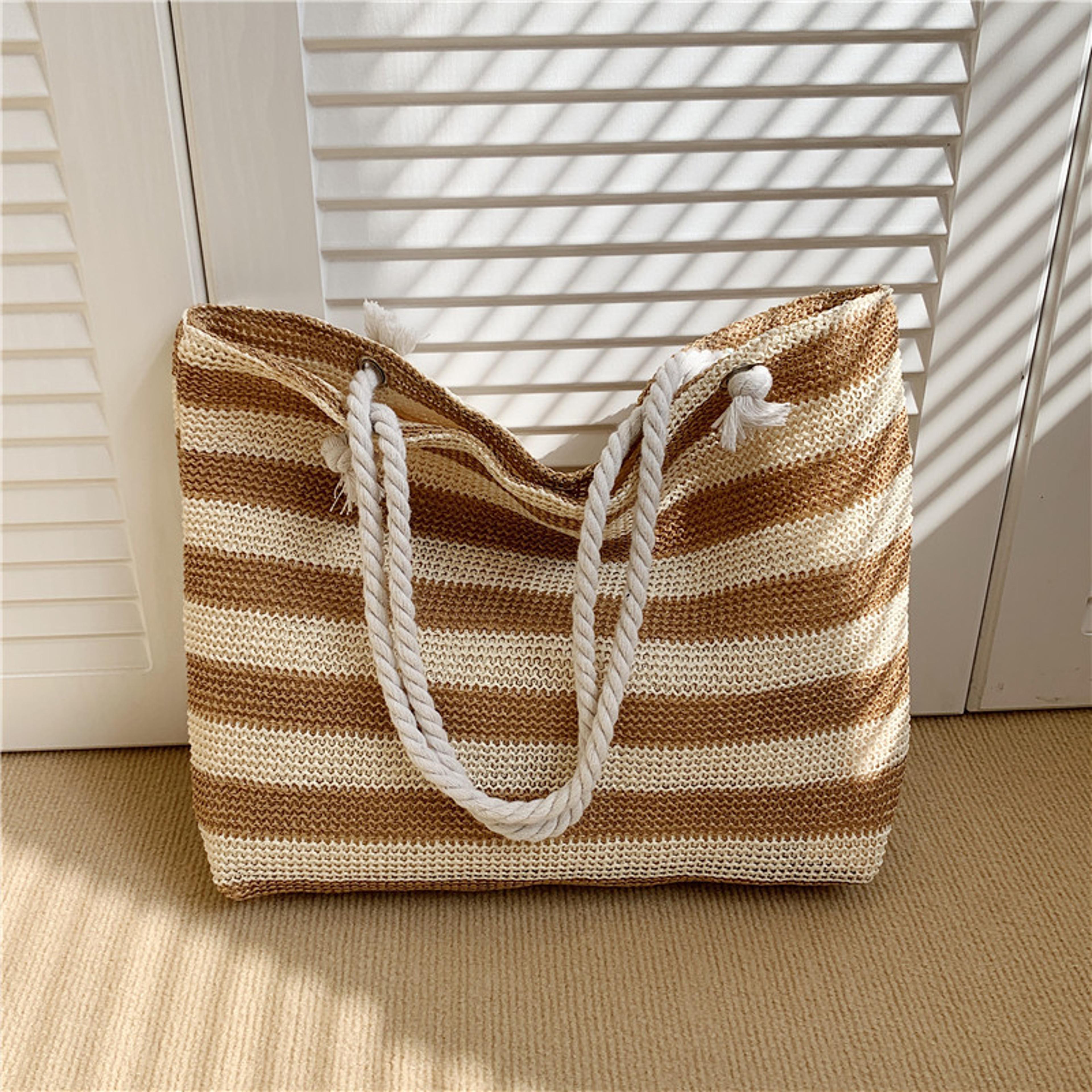 large capacity straw beach tote bag color contrast summer shoulder handbag for women