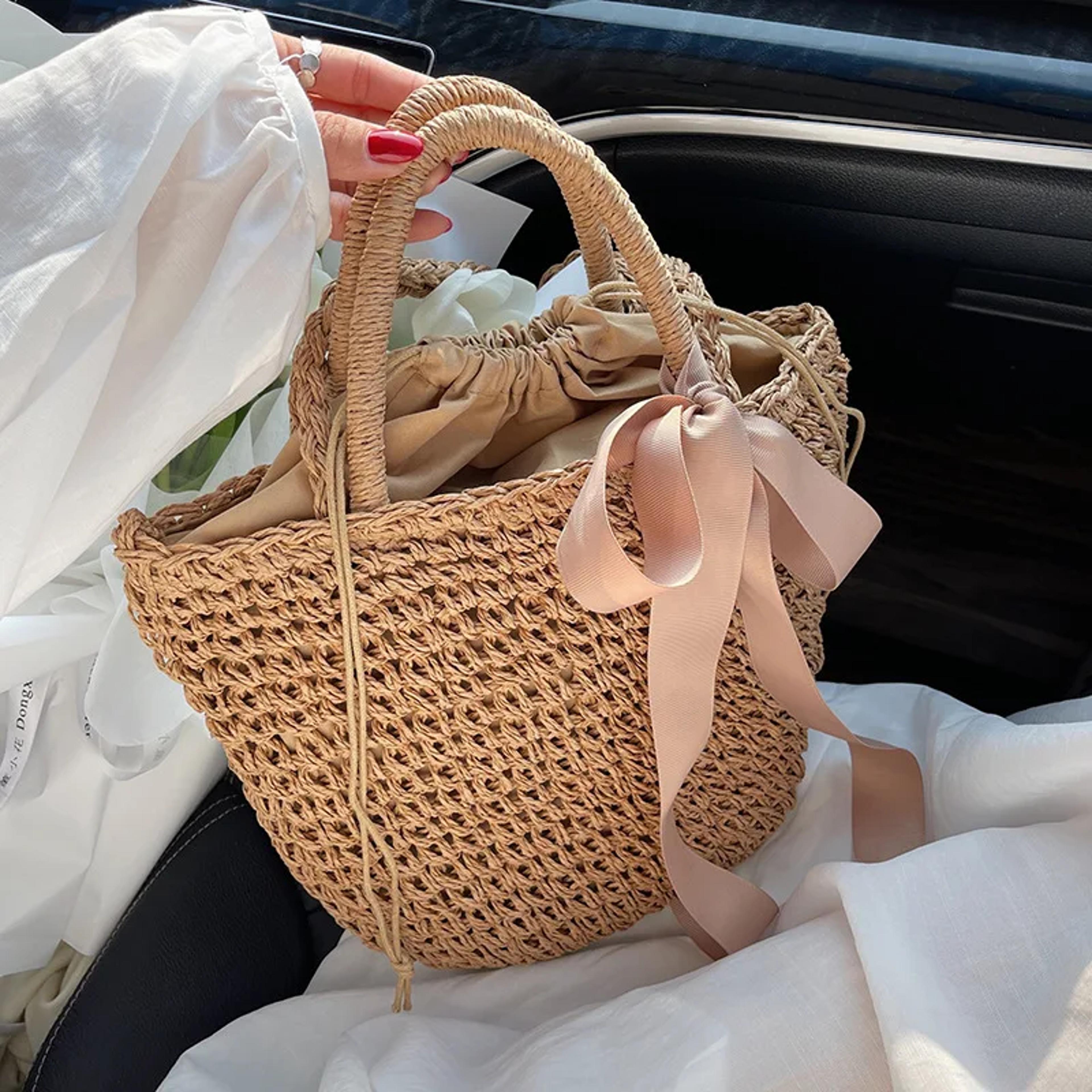 handmade straw beach bag bucket shoulder purse with bow summer travel tote