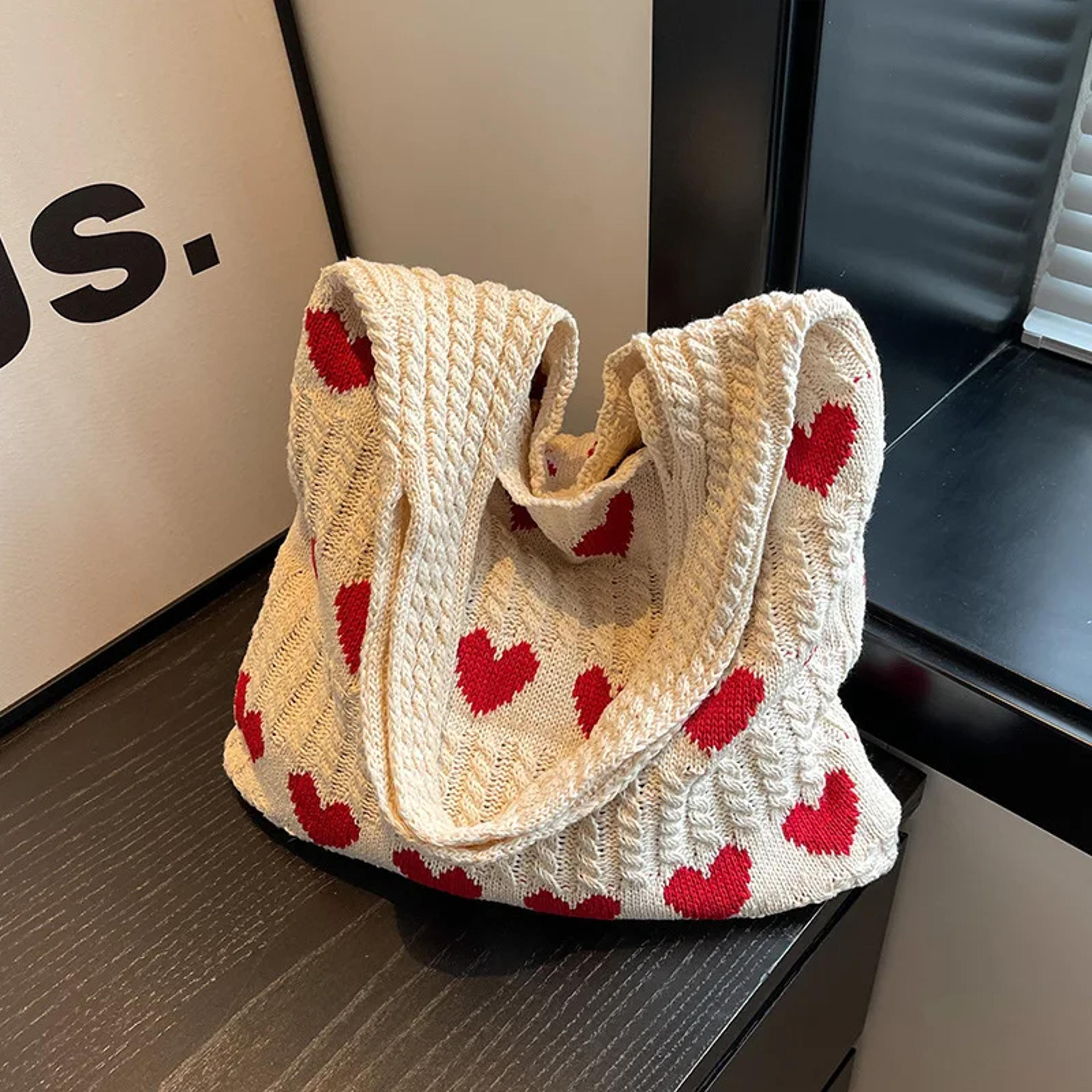 heart shape knitted tote bag handmade woven shoulder crossbody purse