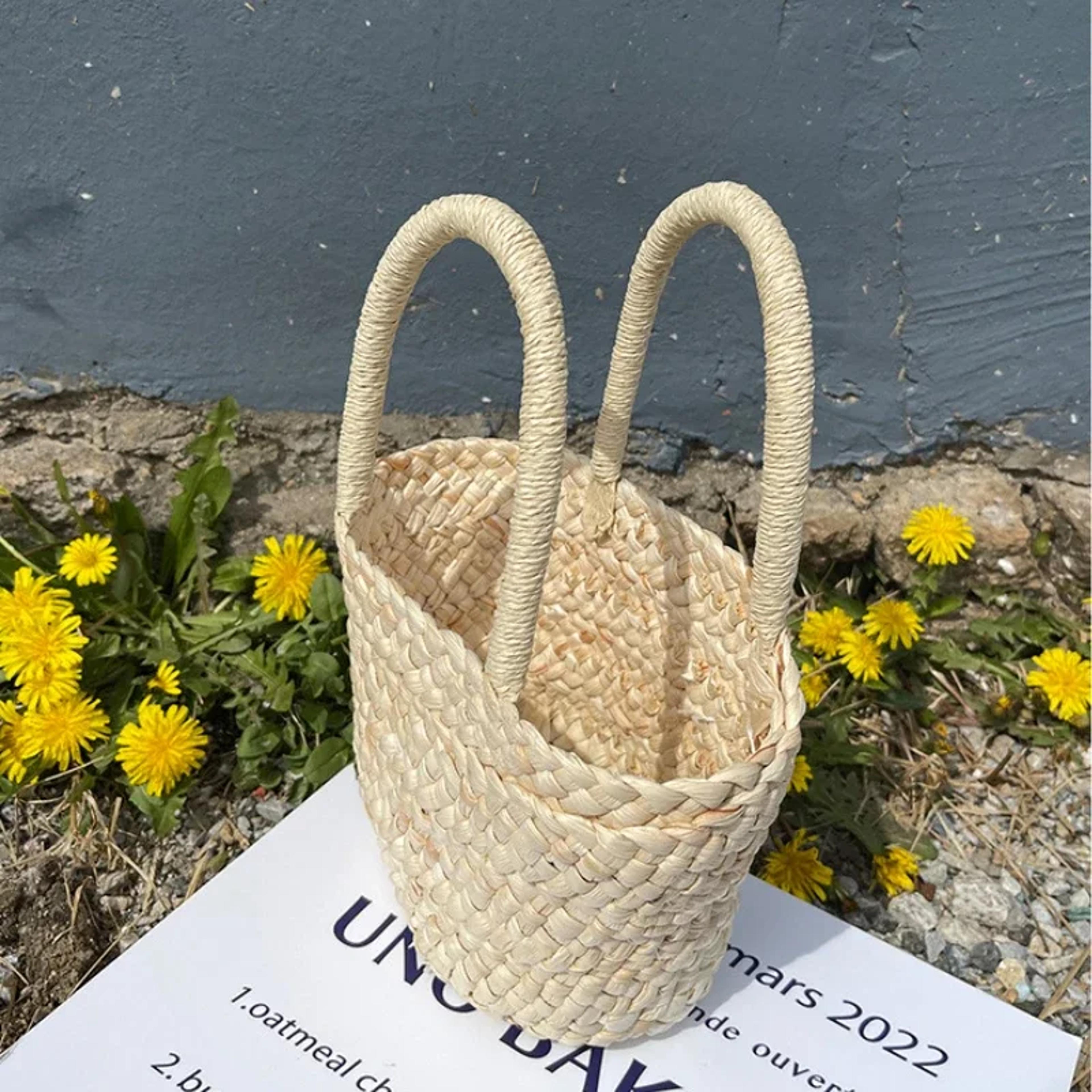korean style straw bag summer basket purse cute retro woven handbag