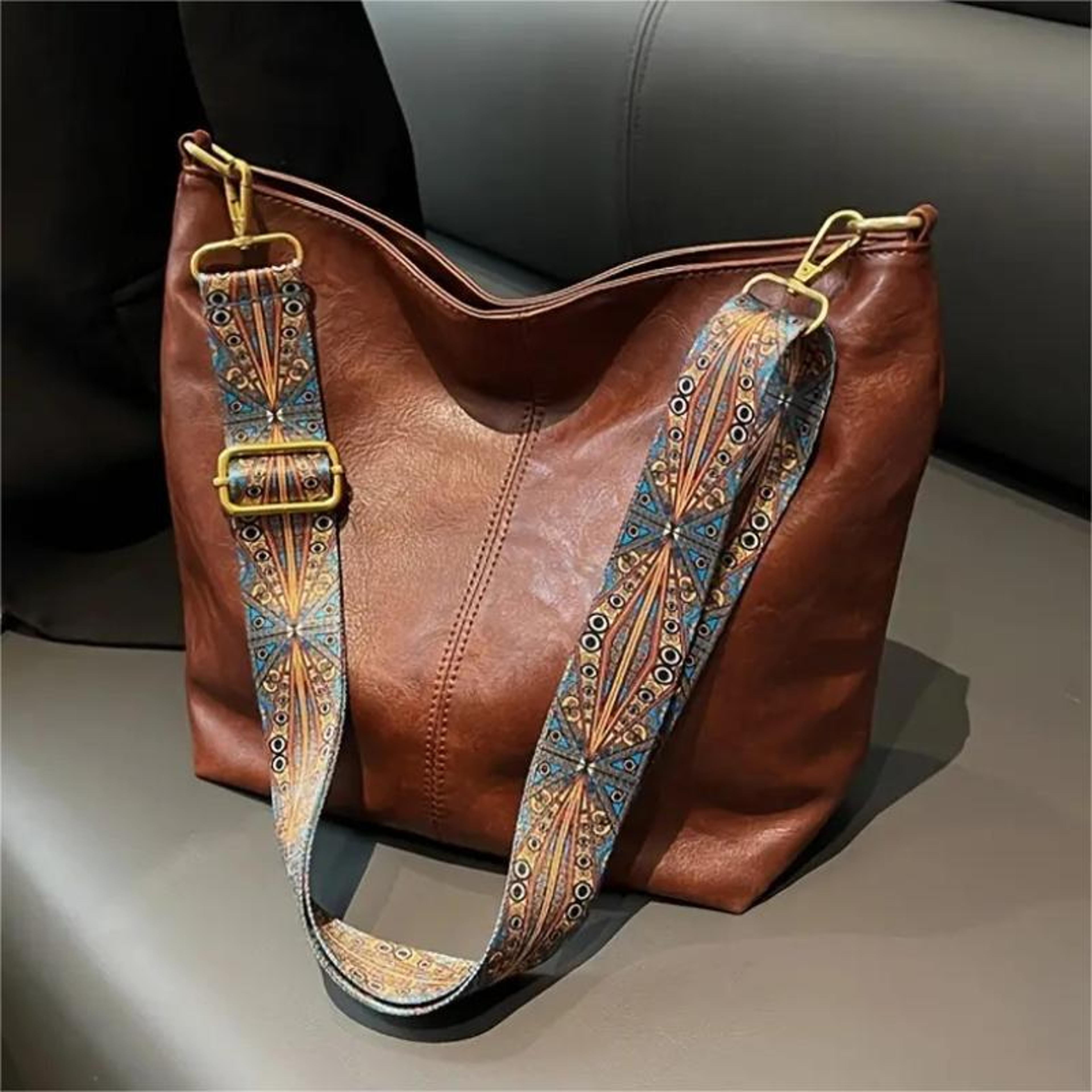 large capacity leather shoulder bag for women vintage crossbody tote with wide strap
