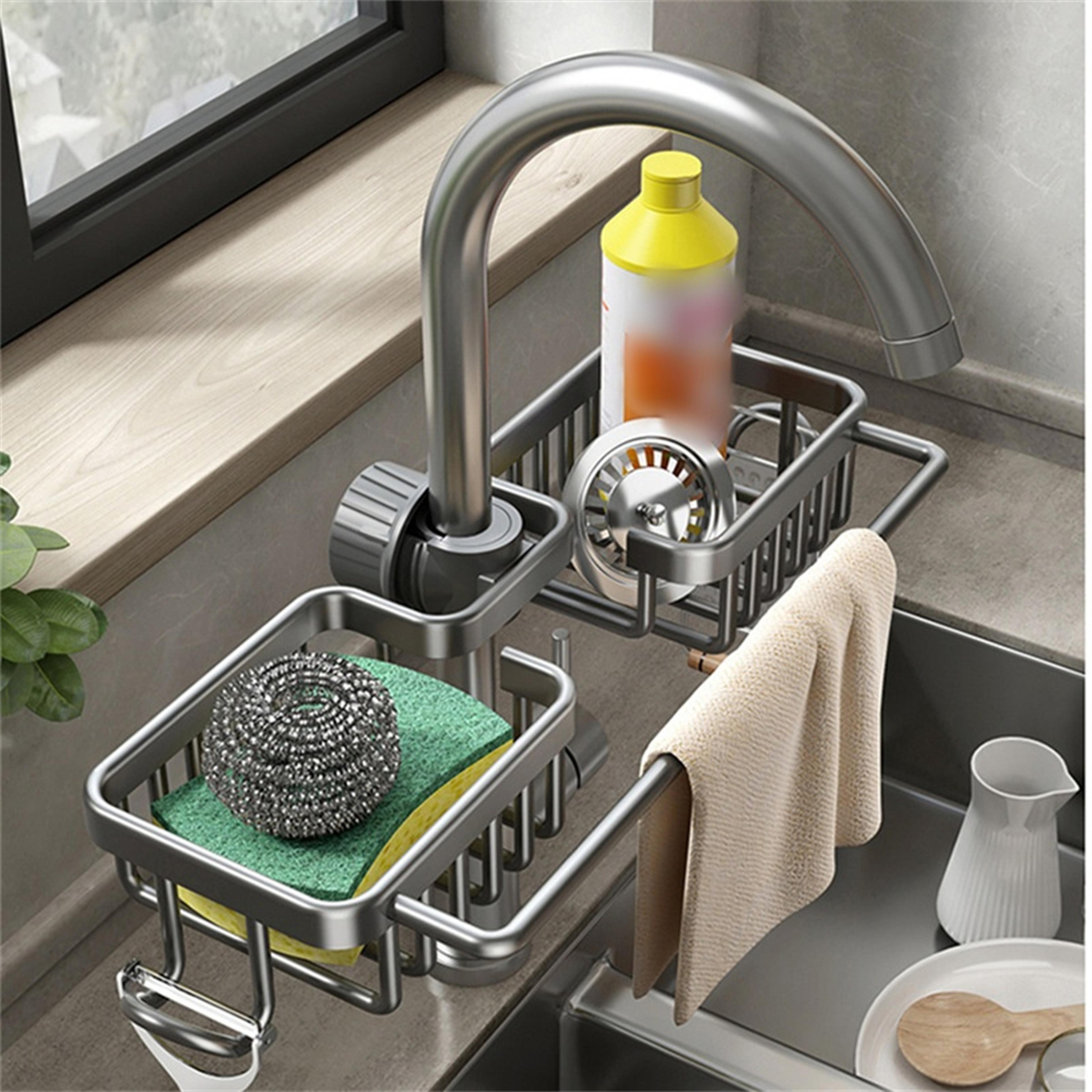 sink sponge holder with drain tray no drill kitchen storage rack organizer