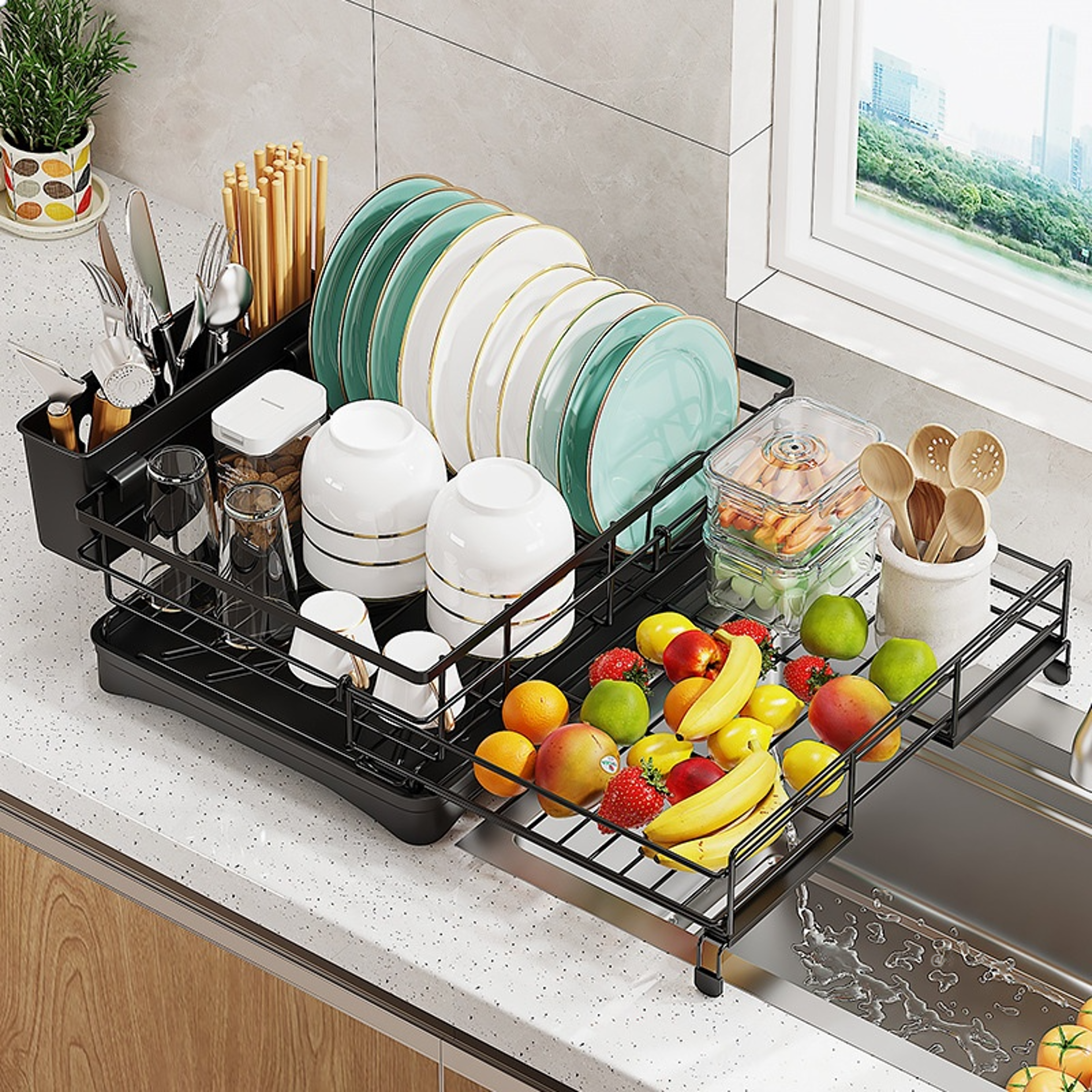 extendable dish drying rack with drainboard & kitchen sink organizer for countertop storage