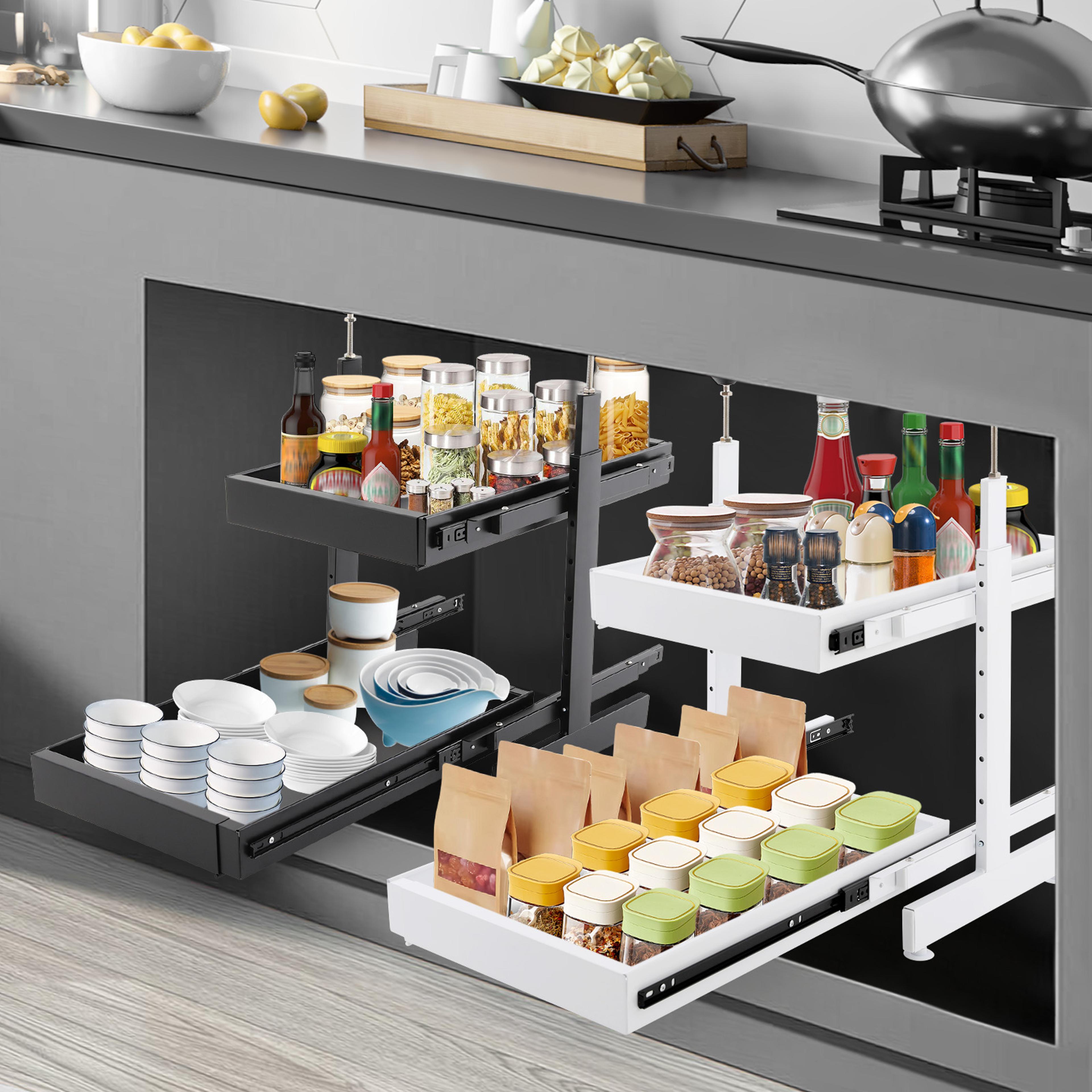 expandable pull out cabinet organizer with adjustable slide out drawers for kitchen storage