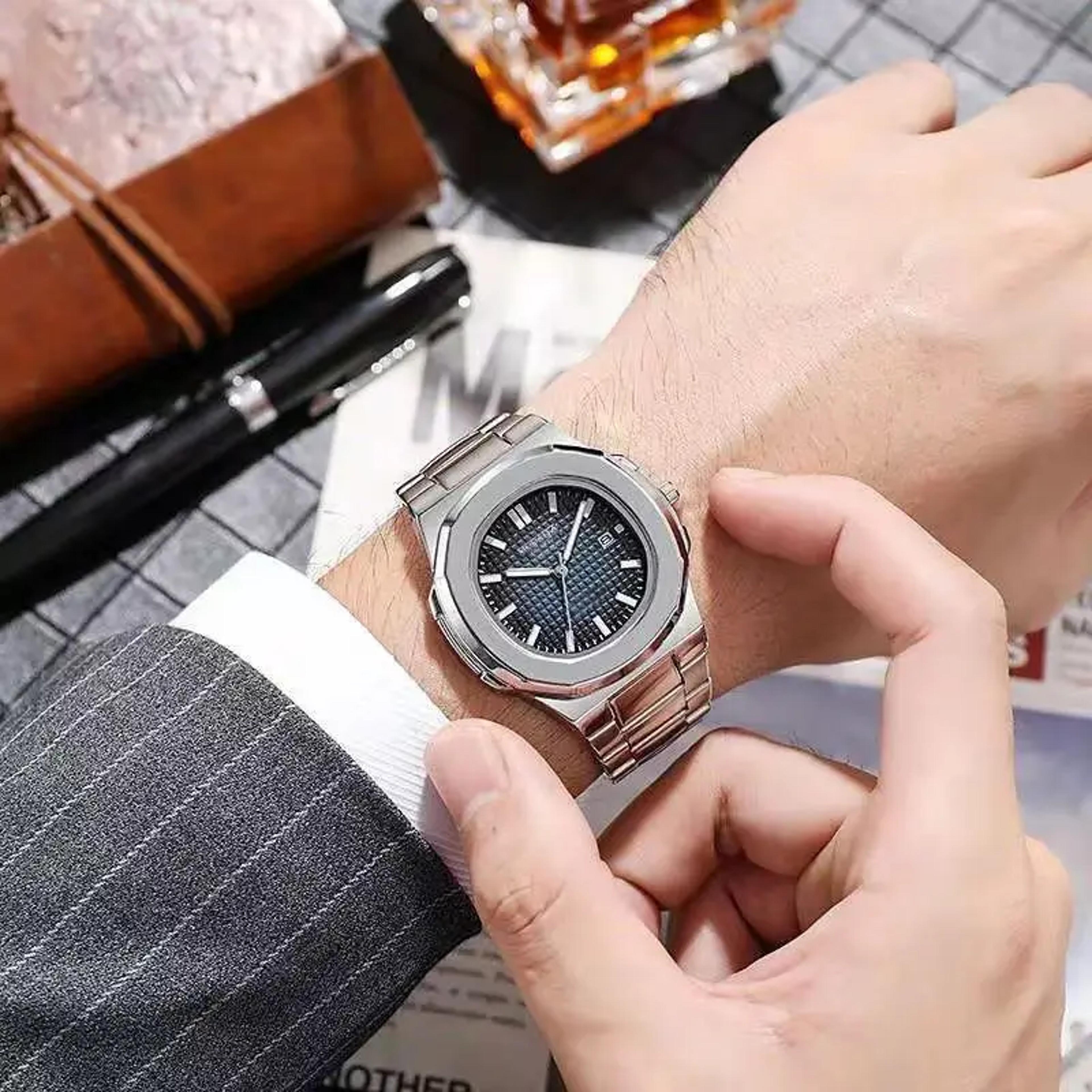 luxury big dial stainless steel mens watch with calendar quartz movement