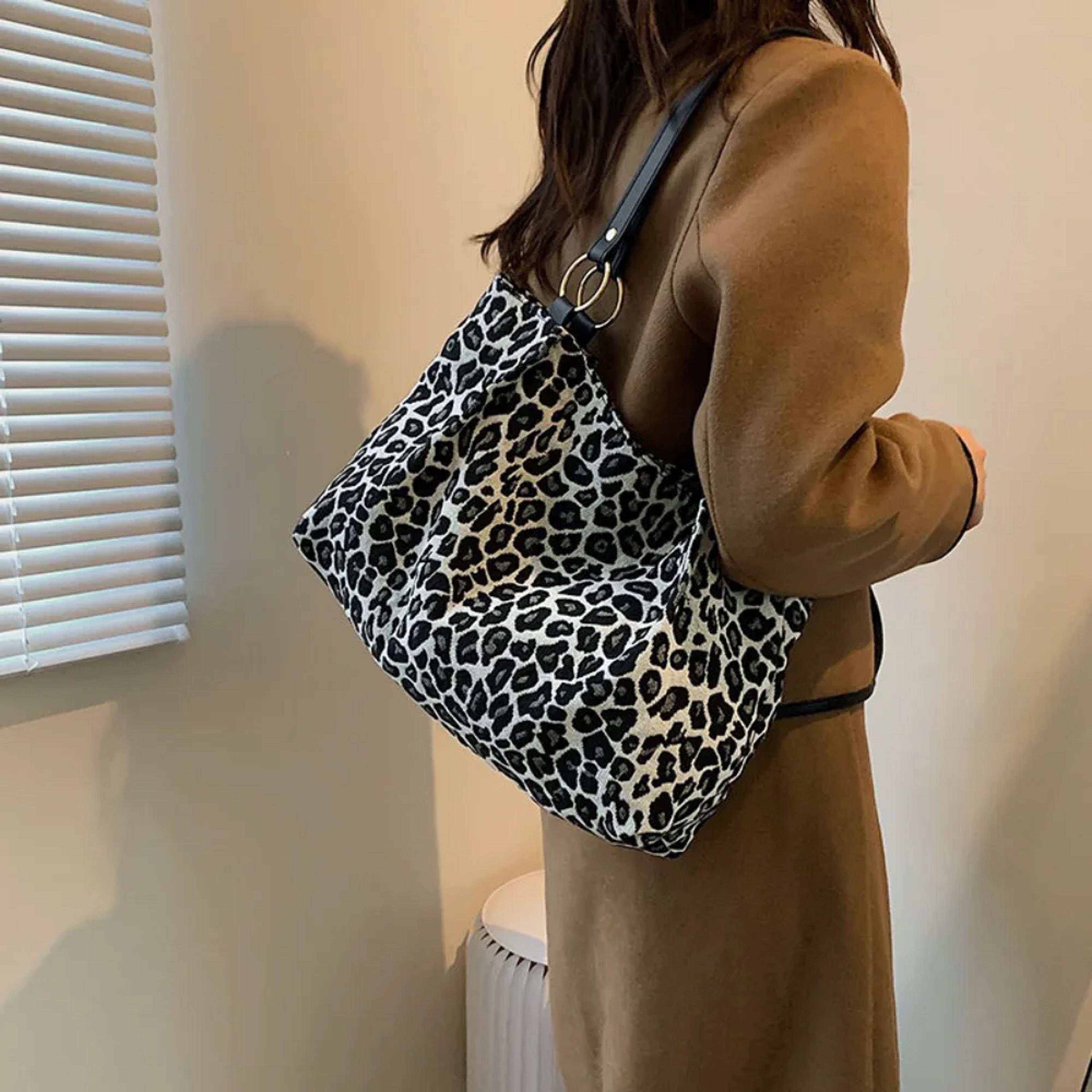 leopard print canvas tote bag large capacity shoulder handbag for travel and shopping