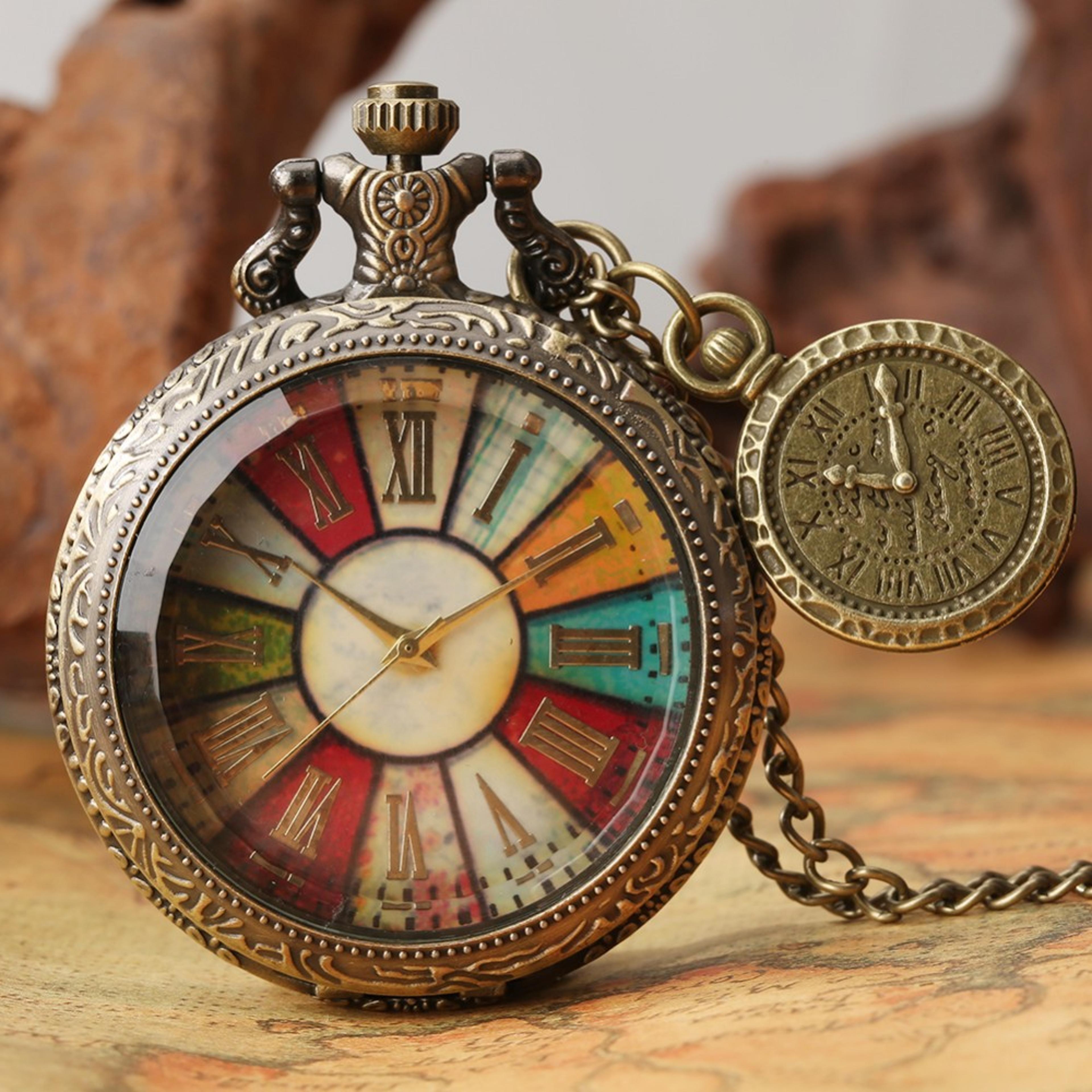 vintage roman numeral pocket watch necklace with colorful glass dial quartz timepiece