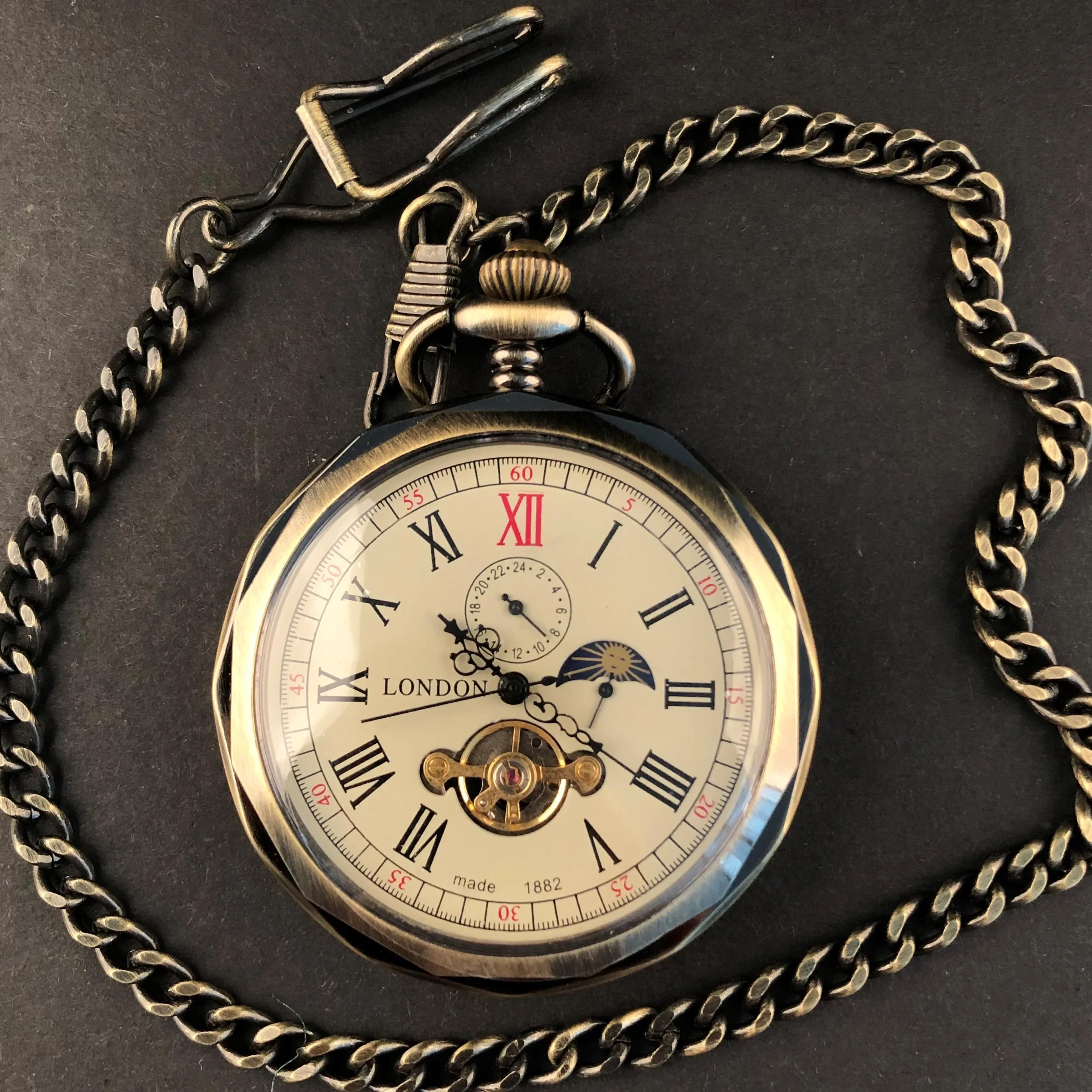 vintage moonphase mechanical pocket watch with chain hand wind classic timepiece