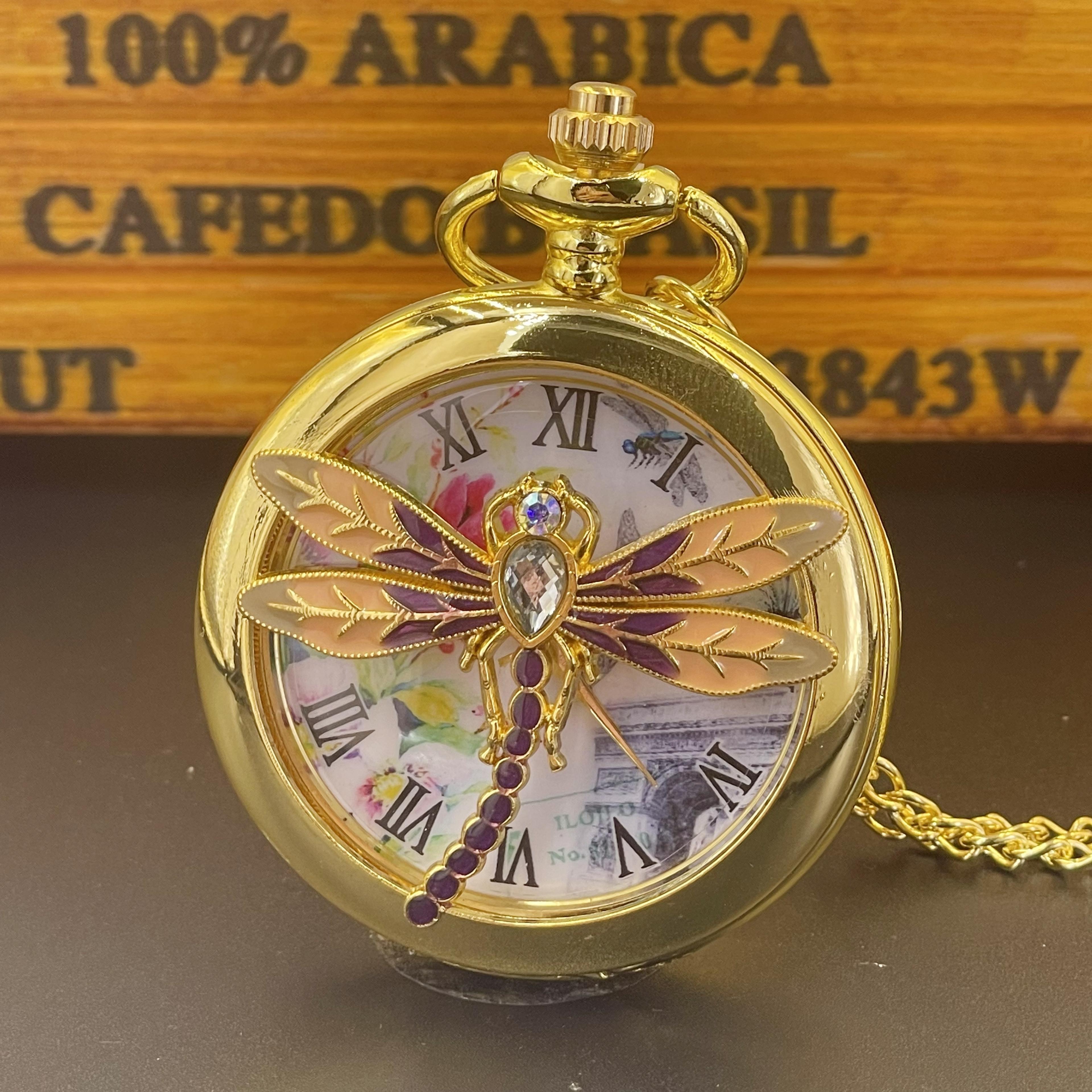 vintage dragonfly pocket watch necklace elegant quartz pendant for women