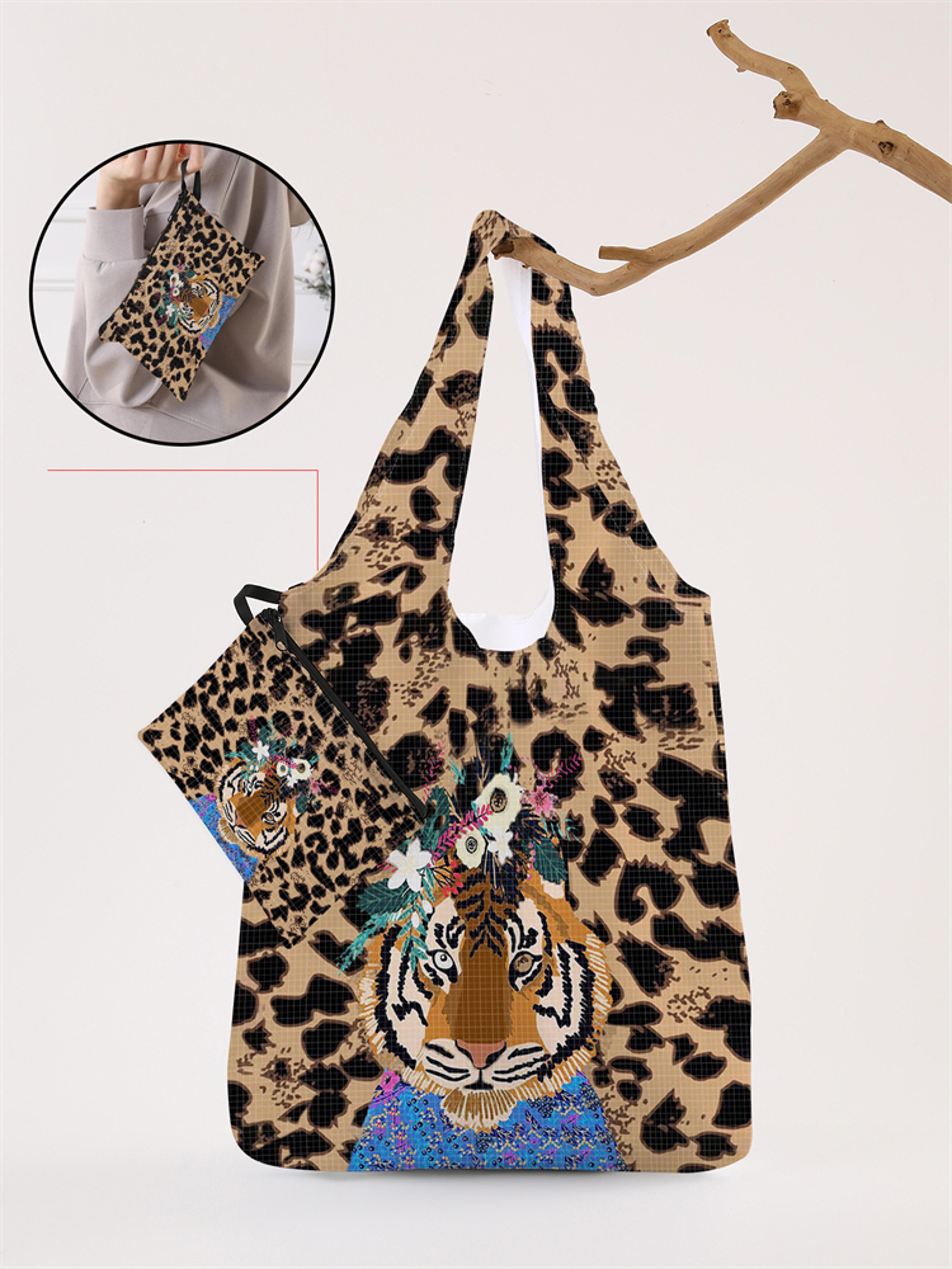 foldable leopard print reusable shopping bag with large capacity