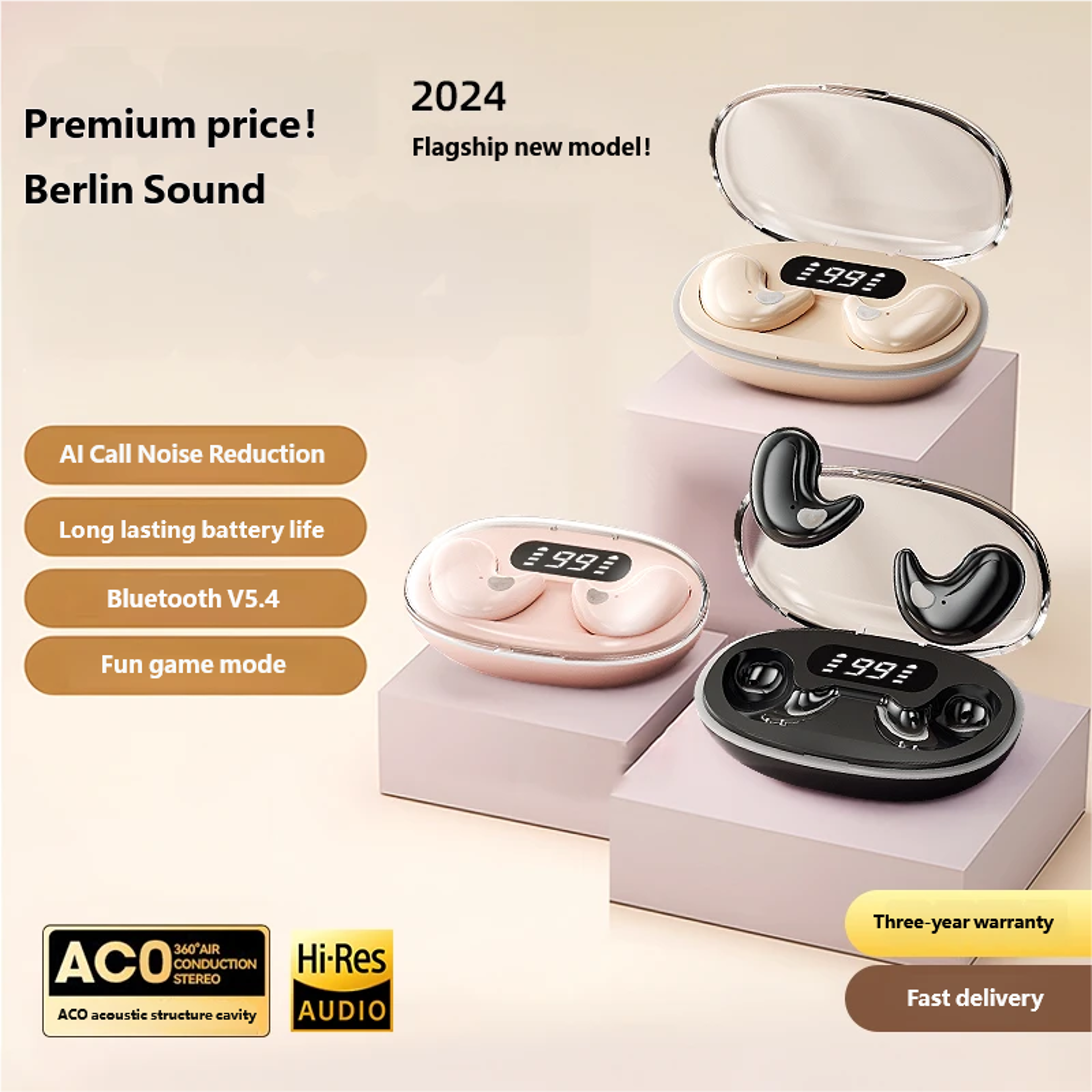 open ear wireless earbuds bluetooth lightweight all day comfort earphones with battery display