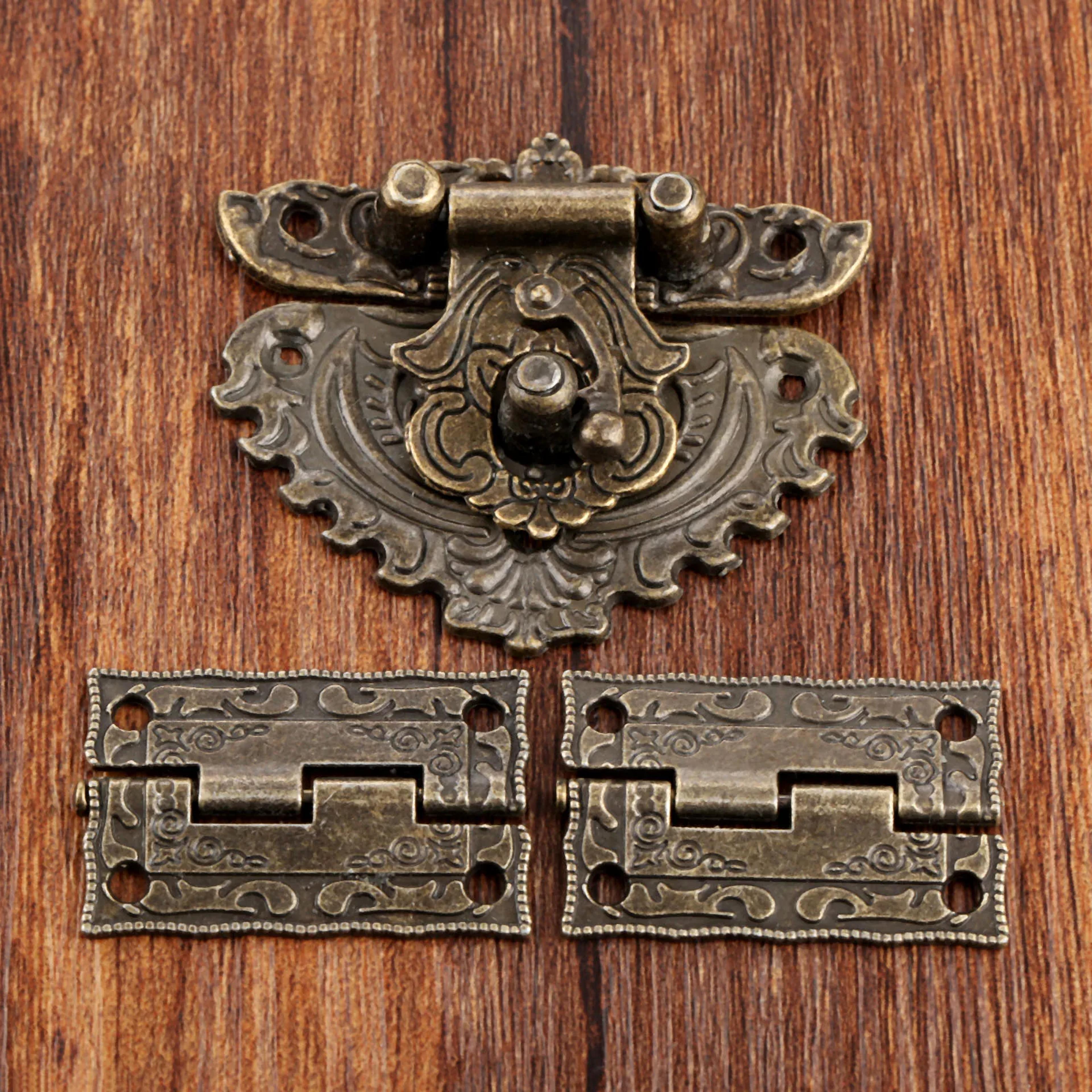 antique bronze decorative box latch set with hinges for jewelry & wooden storage boxes