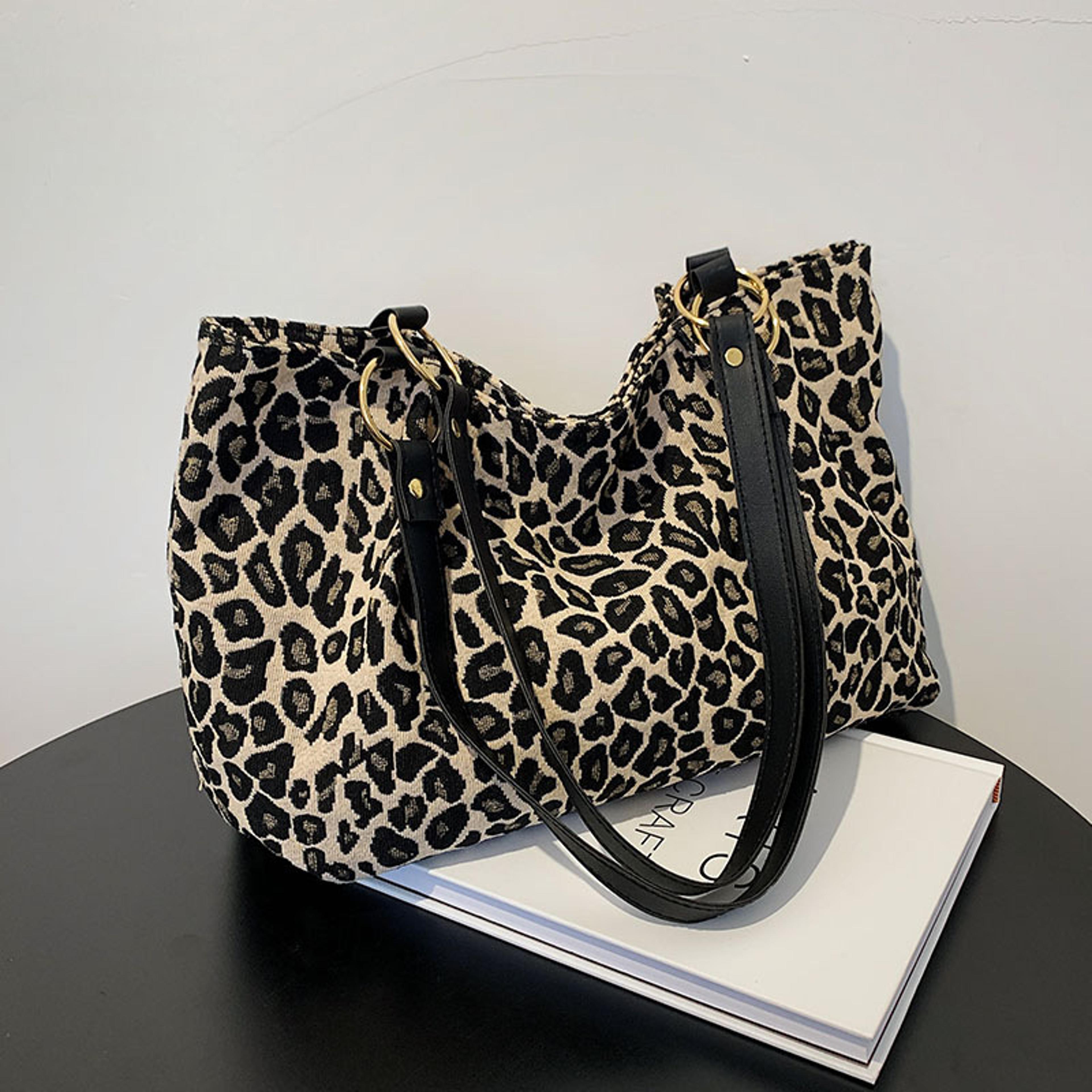 leopard print large capacity tote bag for women stylish shoulder handbag with zipper pocket