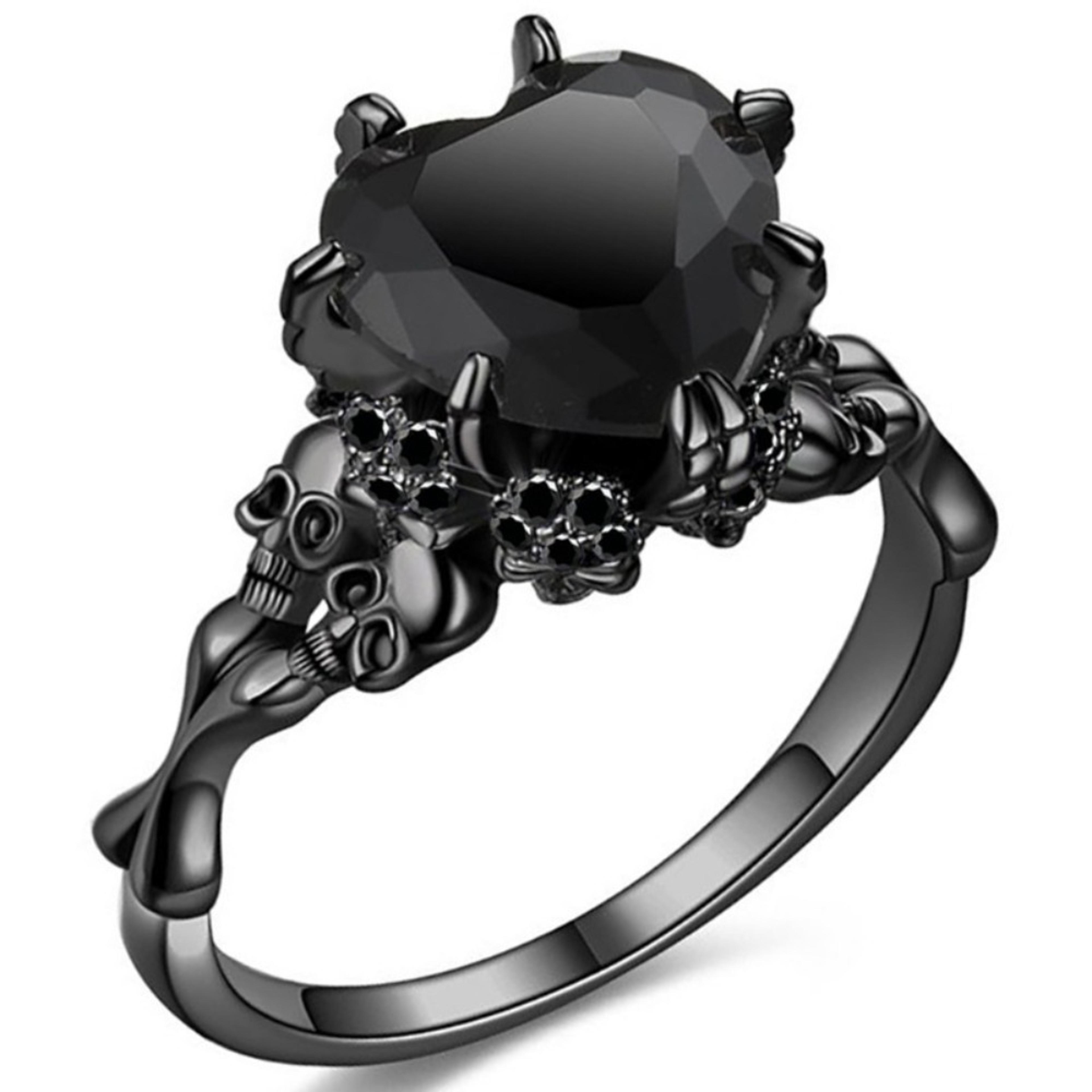 dark romance gothic skull ring with red crystal heart for women