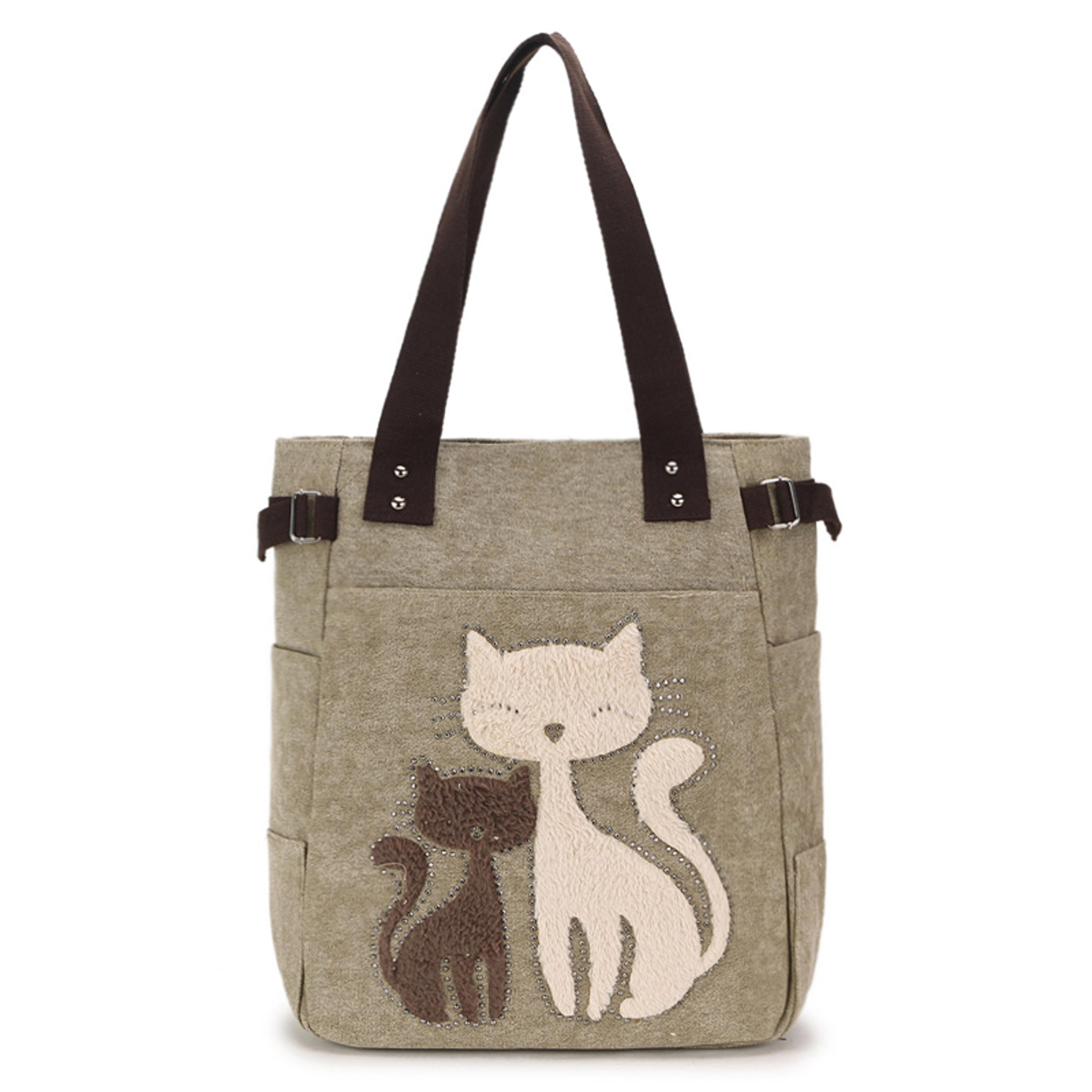cute cat canvas tote bag for women plush kitten shoulder bag for school, shopping & daily use