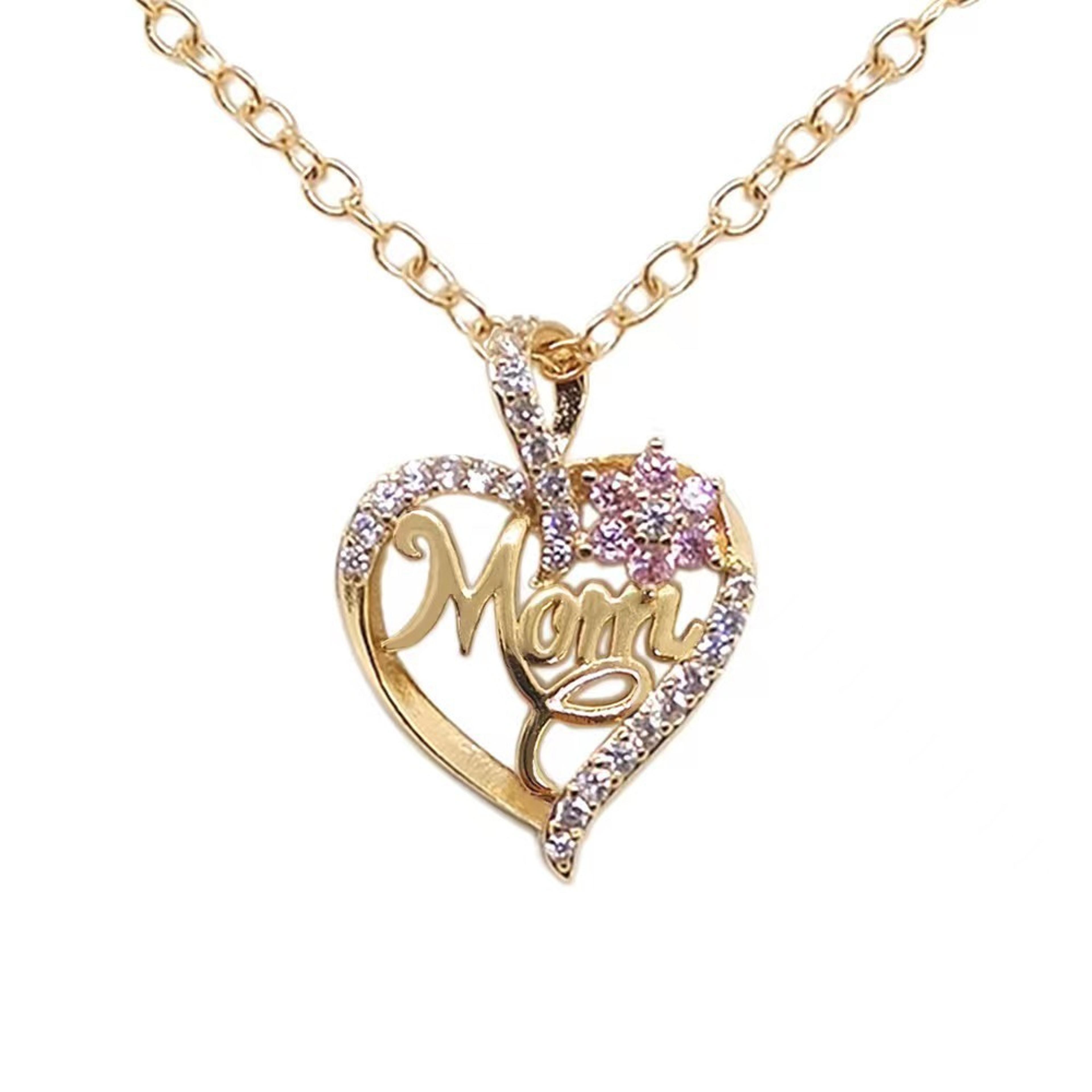 gold plated mom heart necklace with pink cubic zirconia gift for mothers