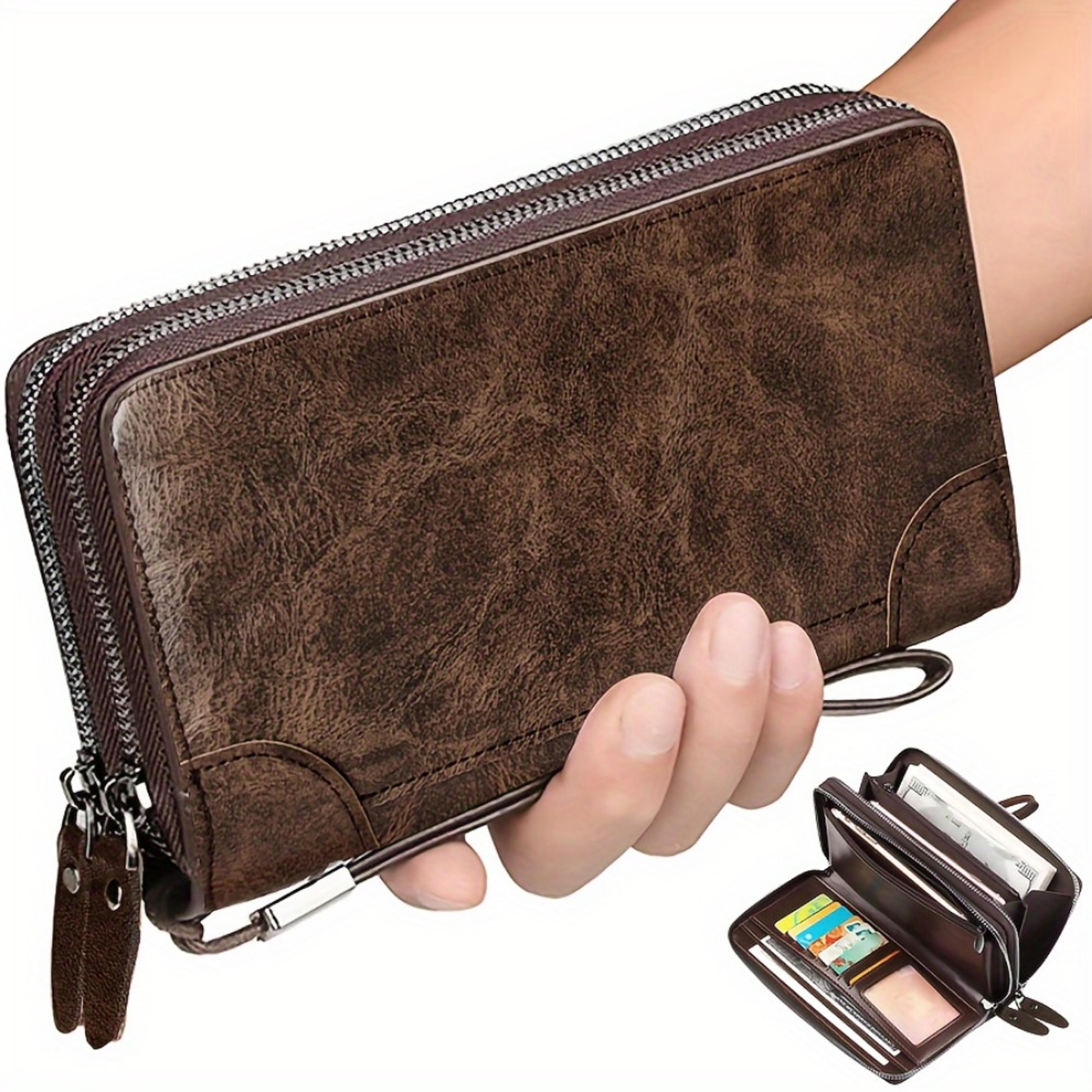 vintage oil wax leather clutch wallet for men with phone holder & wrist strap