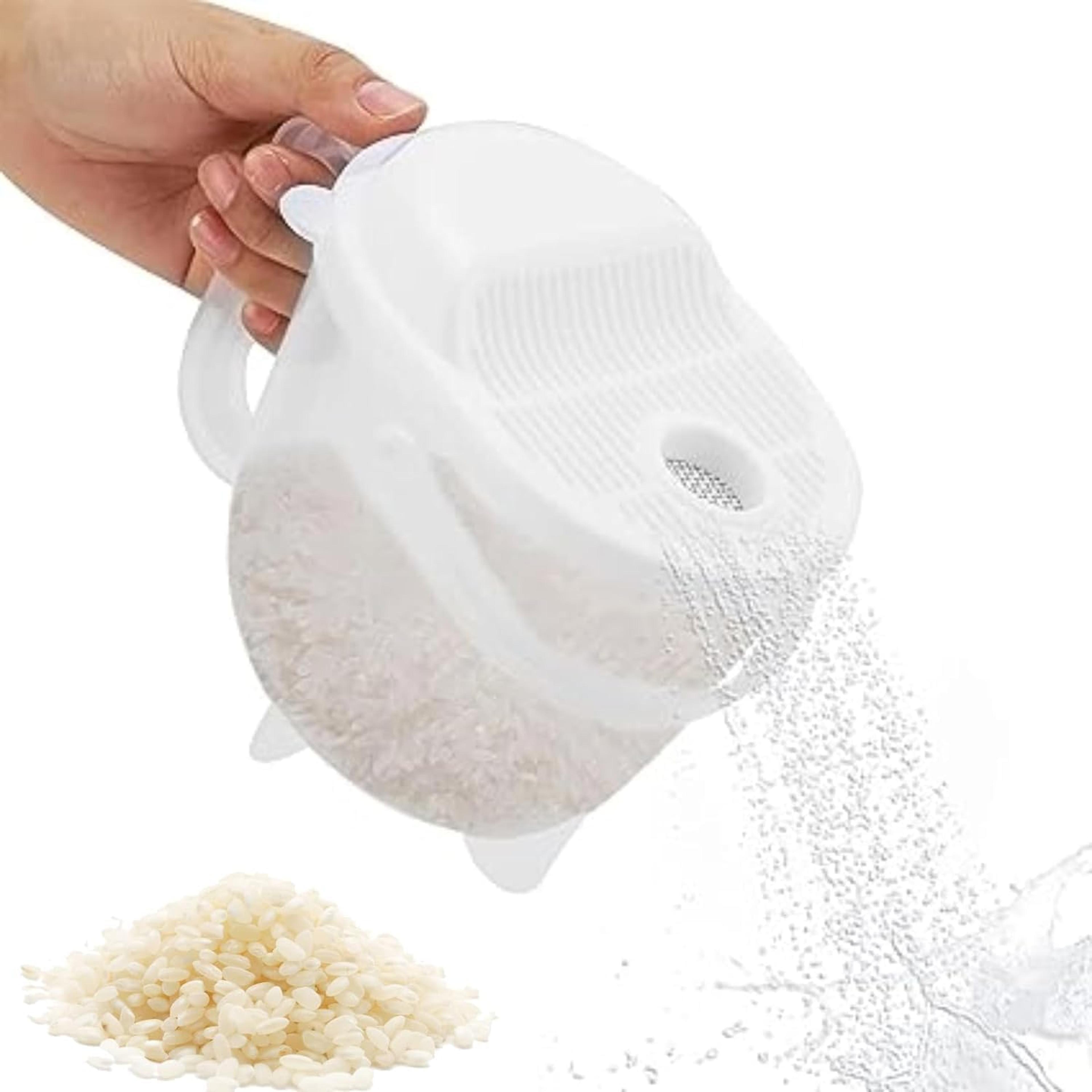 smart drain rice washer bowl with handle and fine strainer for grains, fruits and pasta