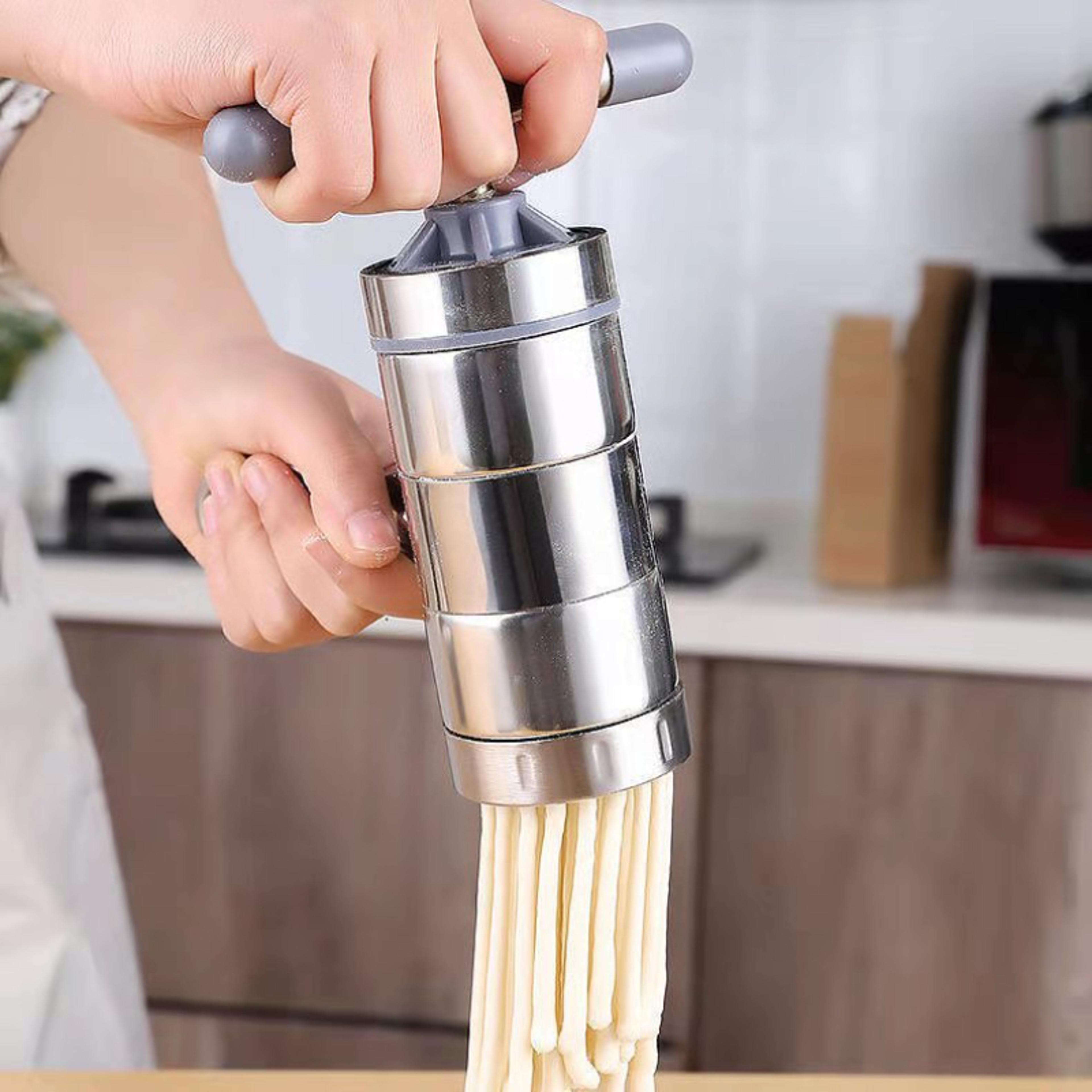 freshpress stainless steel manual pasta maker with interchangeable noodle molds