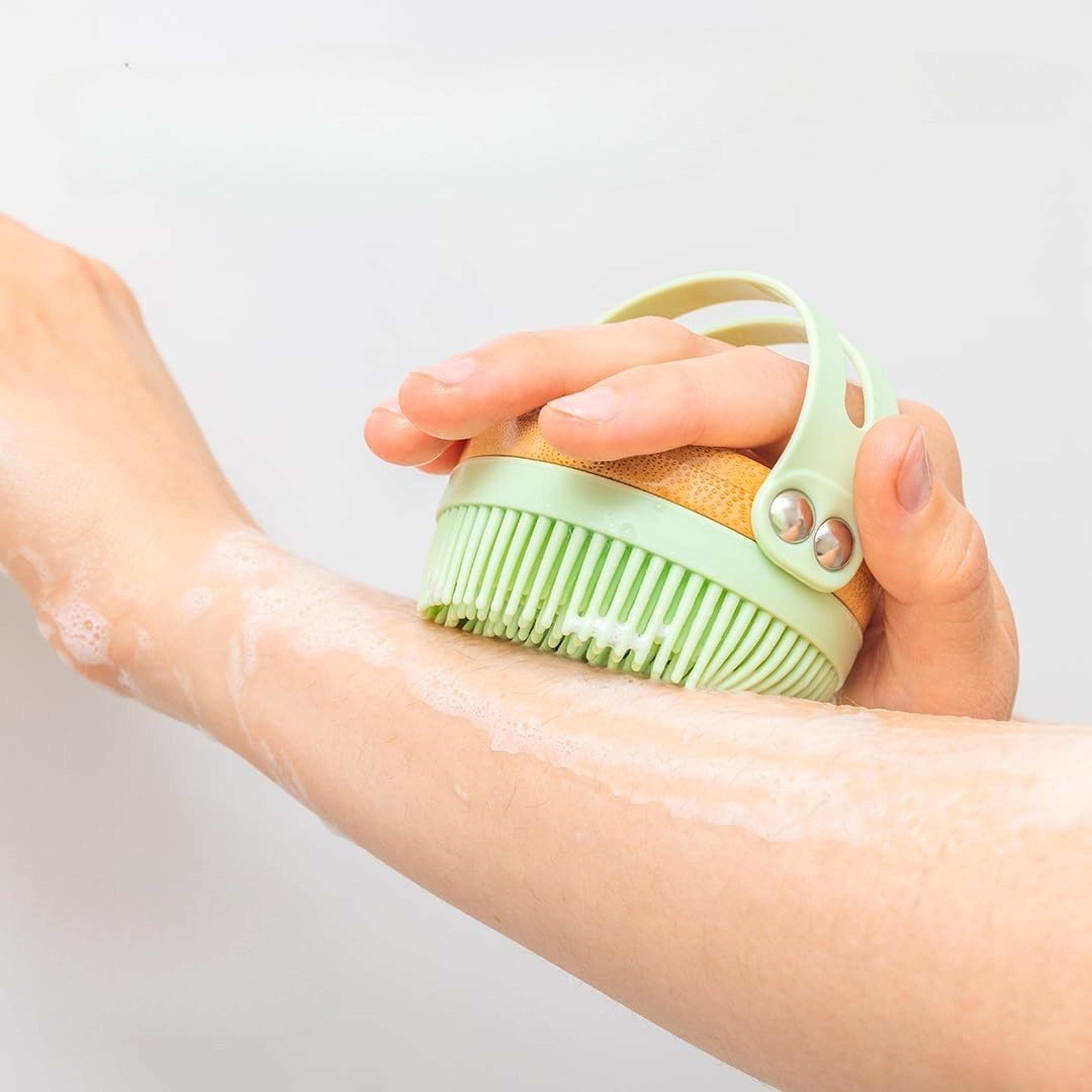 silicone body scrubber brush with bamboo base for gentle exfoliating spa shower care