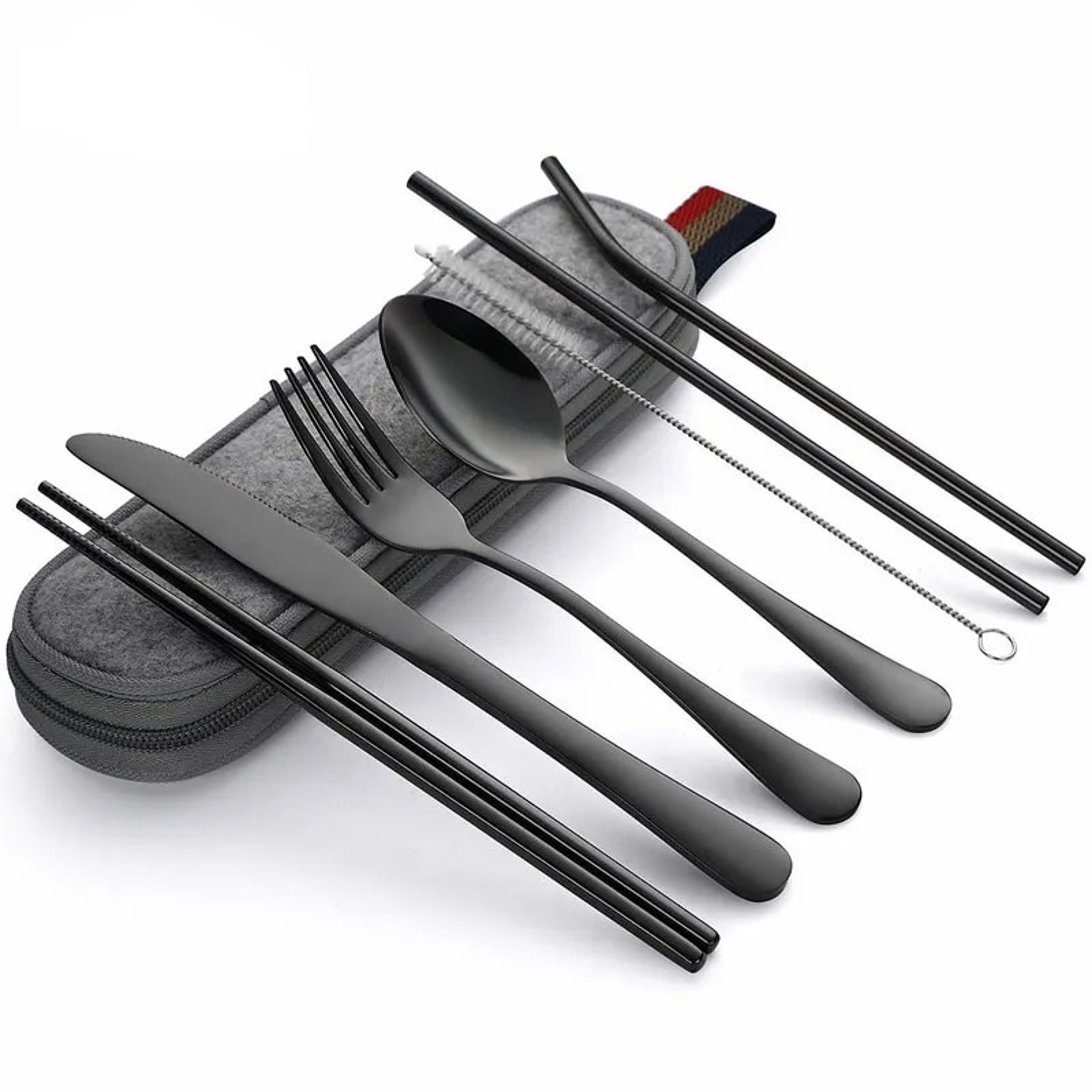 8pcs reusable travel cutlery set with stainless steel spoon, fork, chopsticks, straw & portable case - ideal for camping