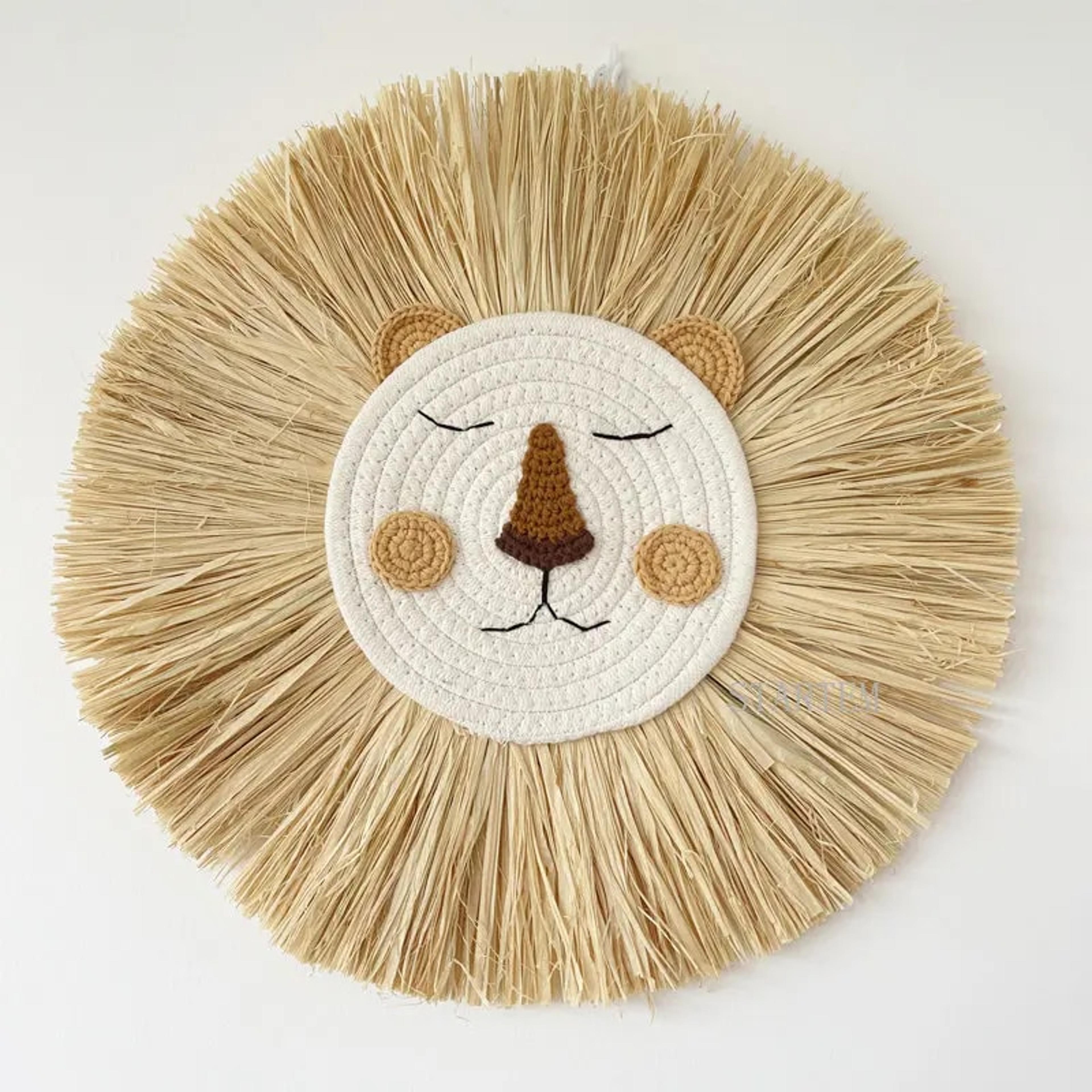 nordic handmade lion wall decor: cotton thread straw woven animal head ornament for nursery & baby room