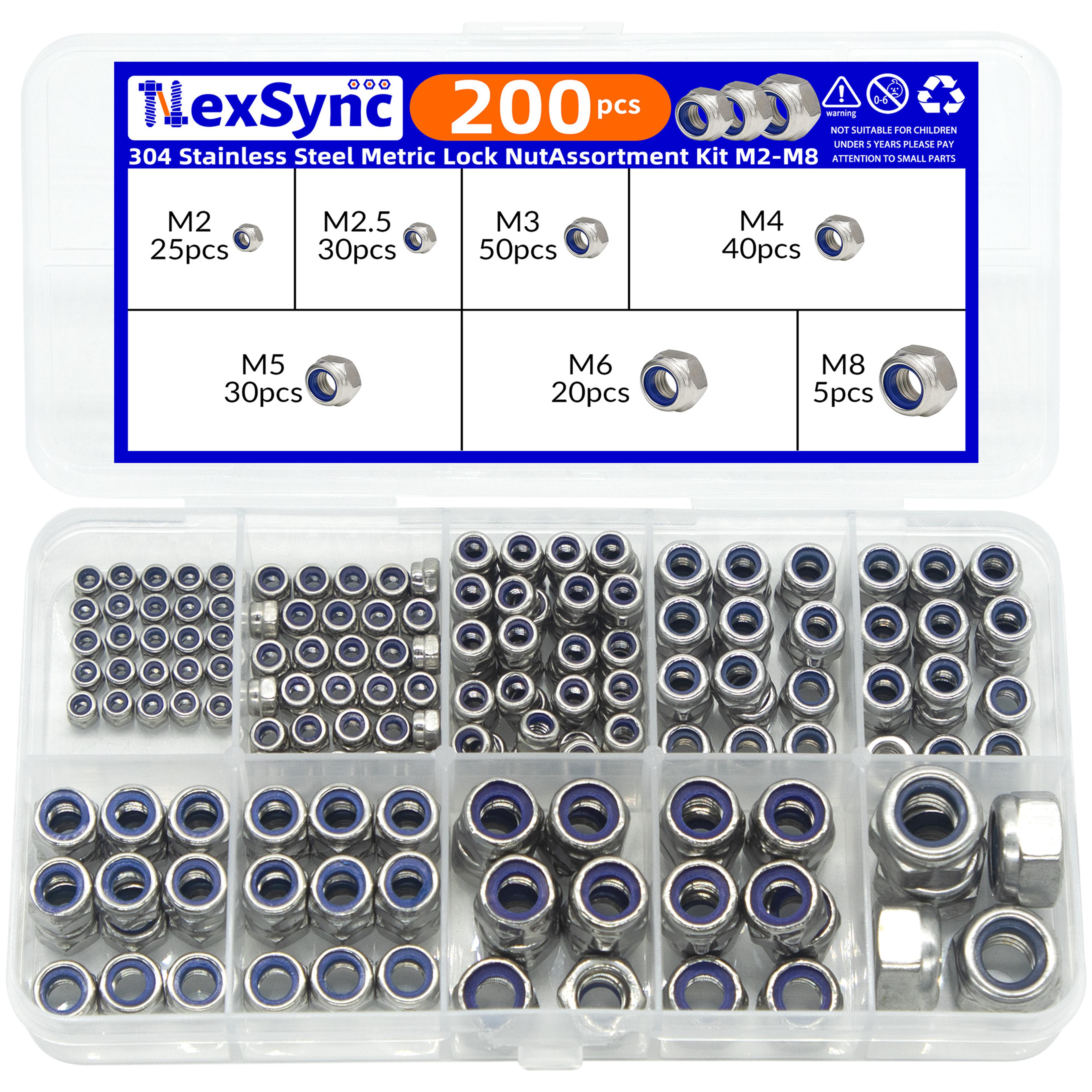hex nylon insert self-locking nuts assortment kit – 200pcs m2-m8 locknut set (304 stainless steel)