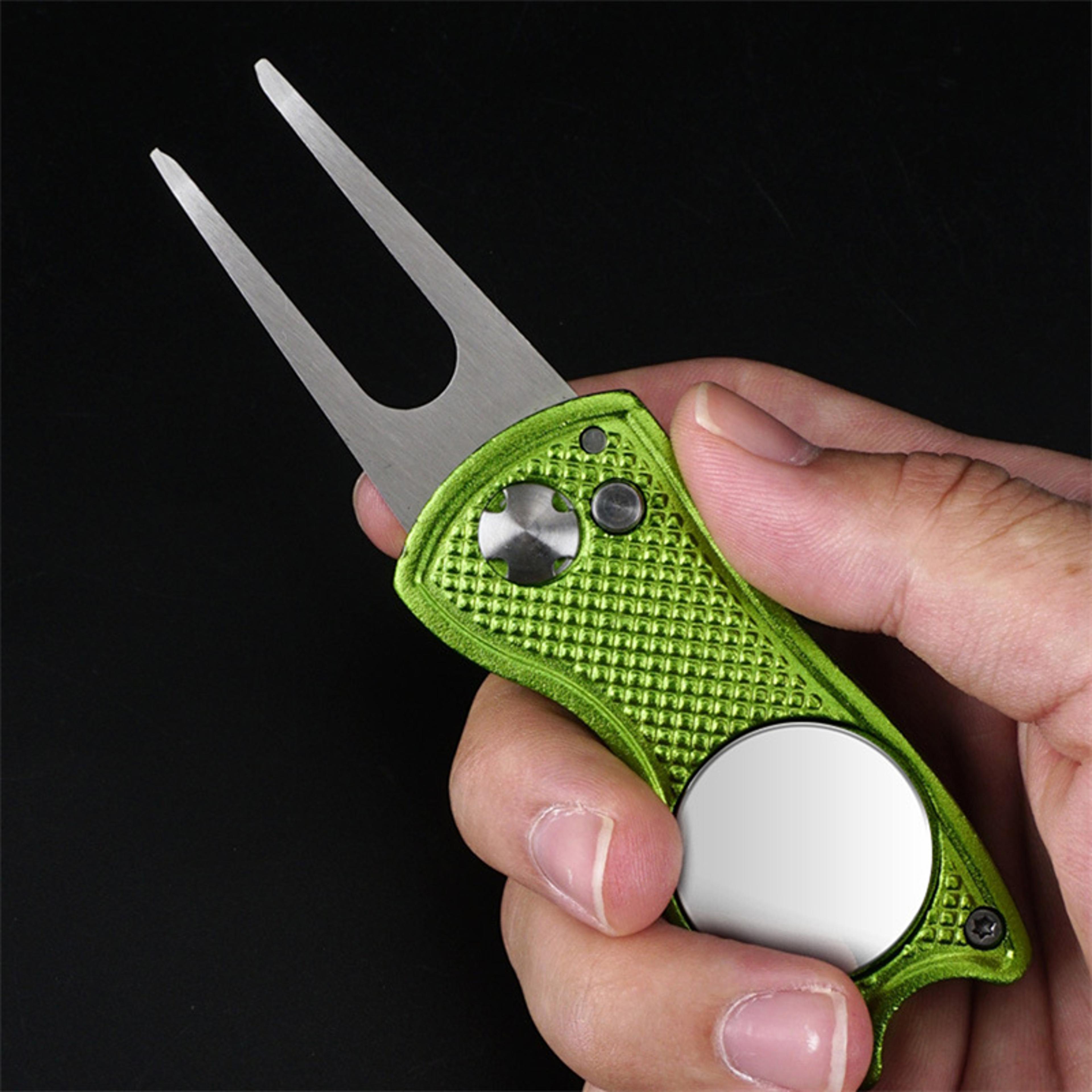 foldable golf divot repair tool with groove cleaner – compact fork training aids for golfers