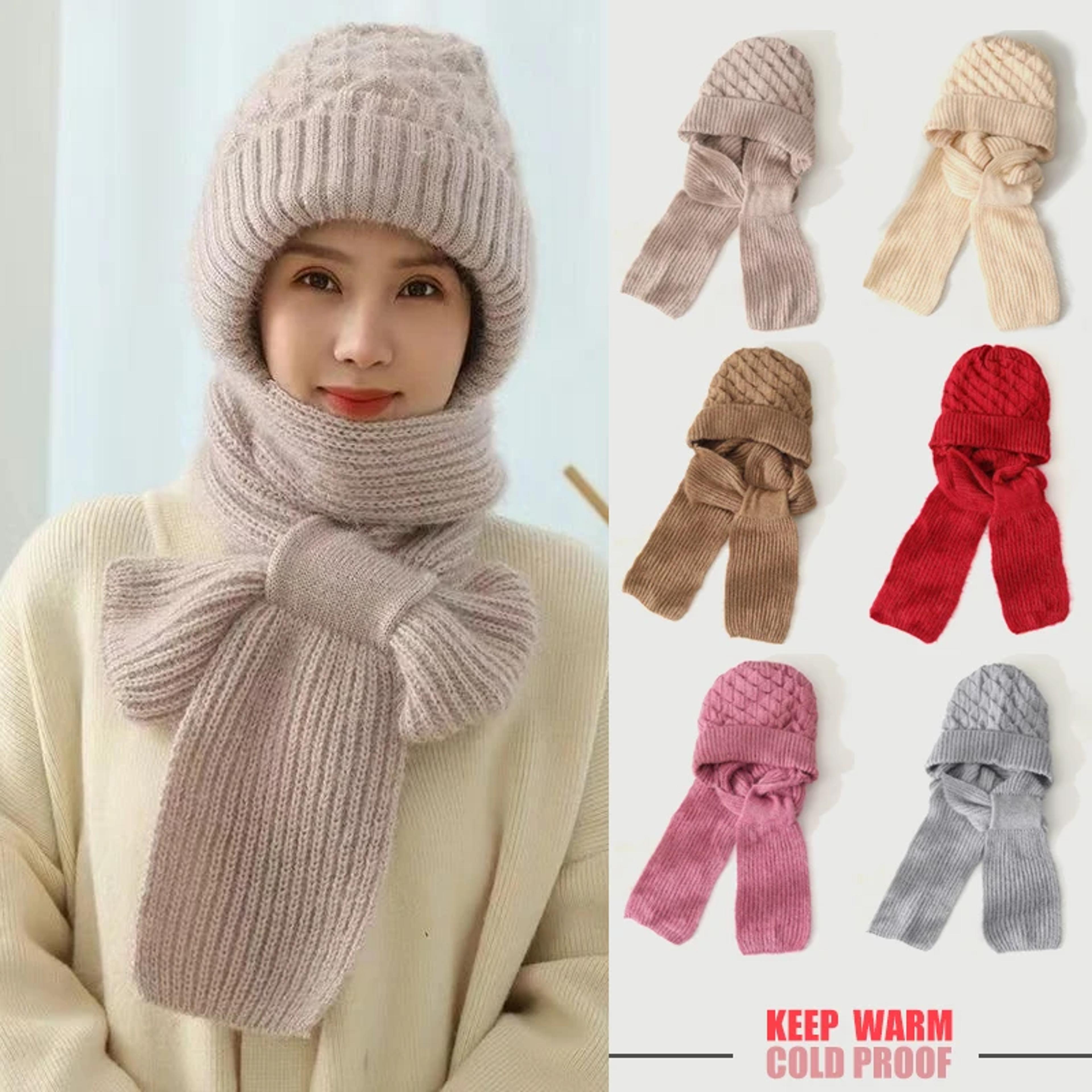 womens winter knitted hat, scarf one piece, double warm padded beanie, thickened wind proof snow hat