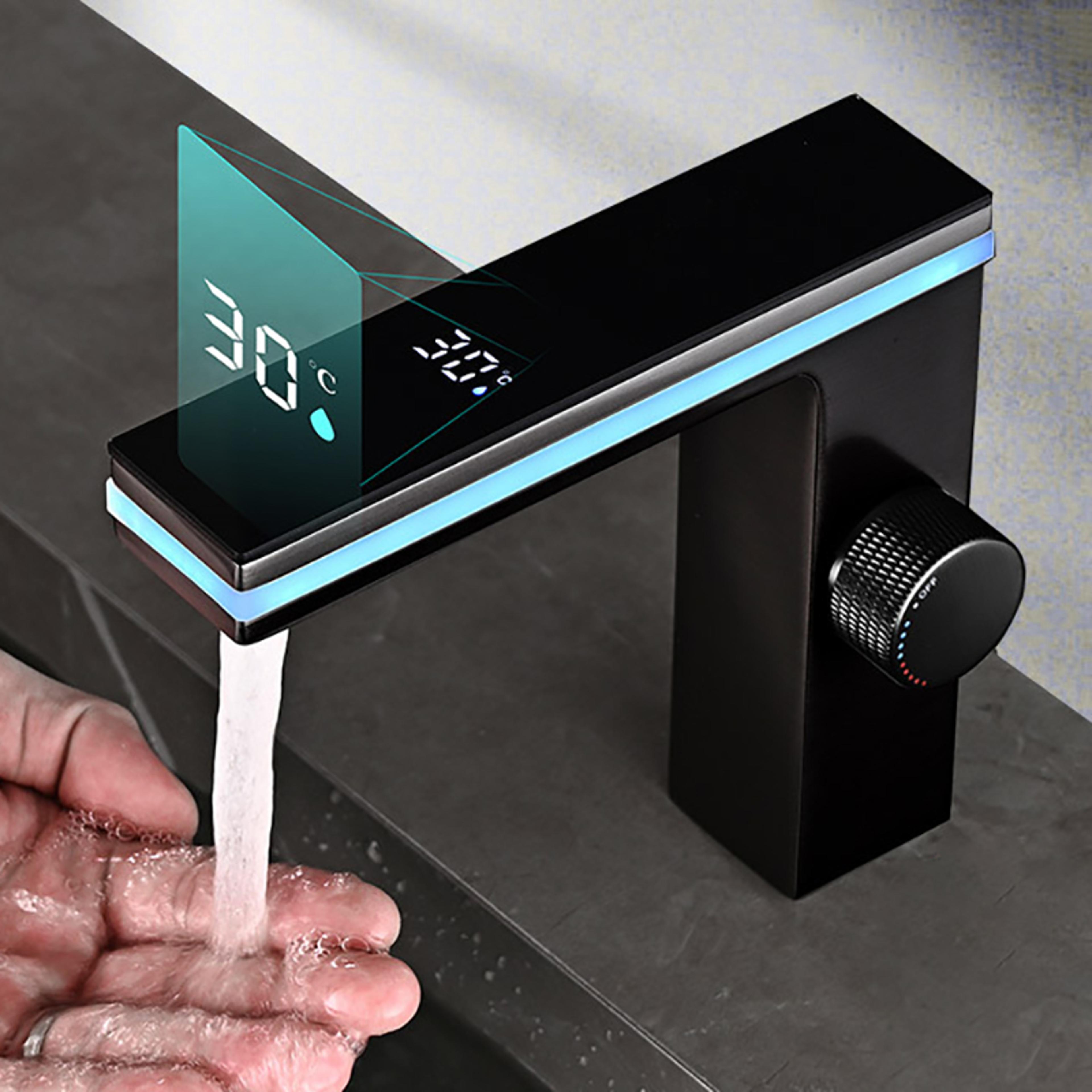 intelligent led digital display bathroom basin faucet, brass deck mounted washbasin hot cold water mixer