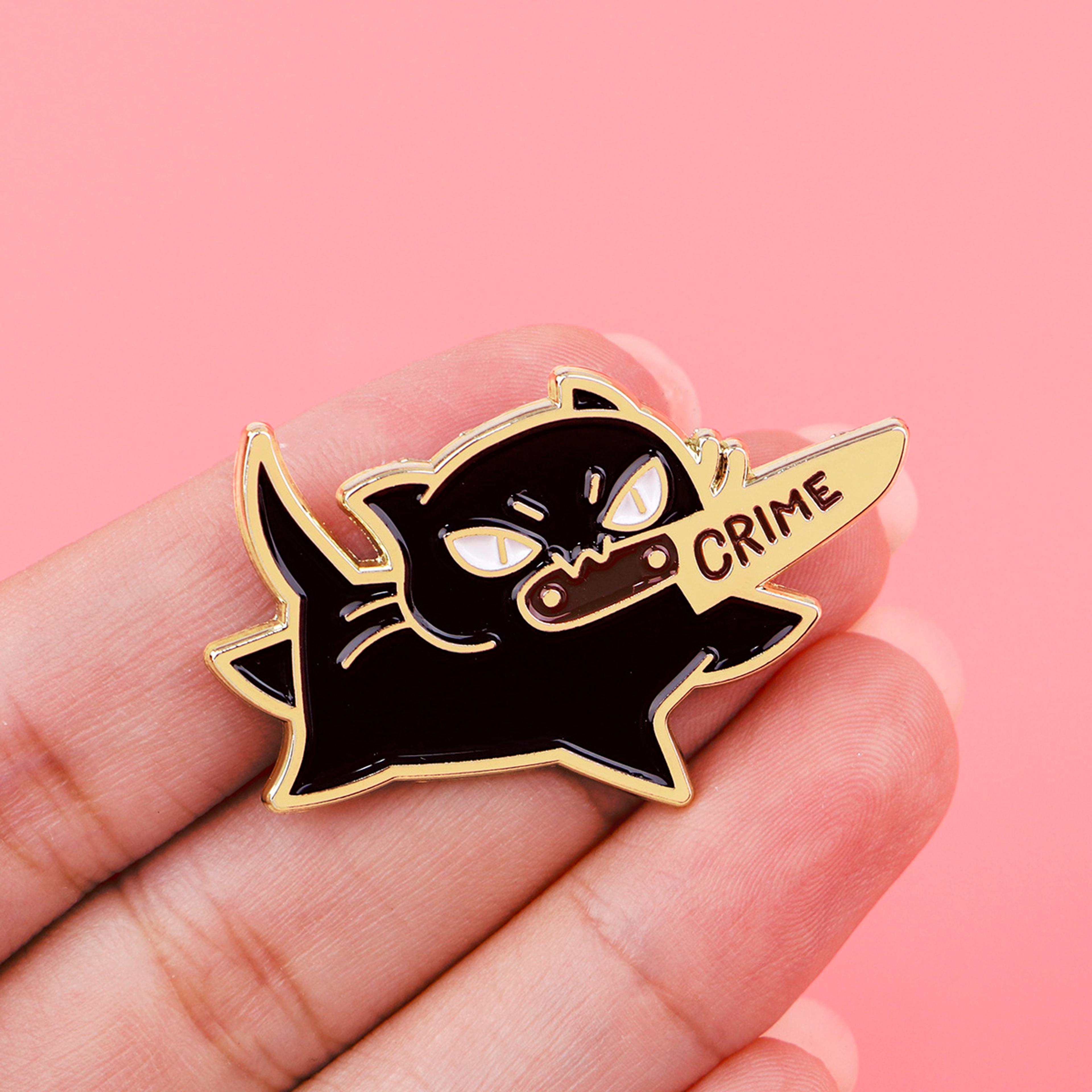 funny black cat enamel pin, cute animal lapel badge for backpack, jacket, or cosplay