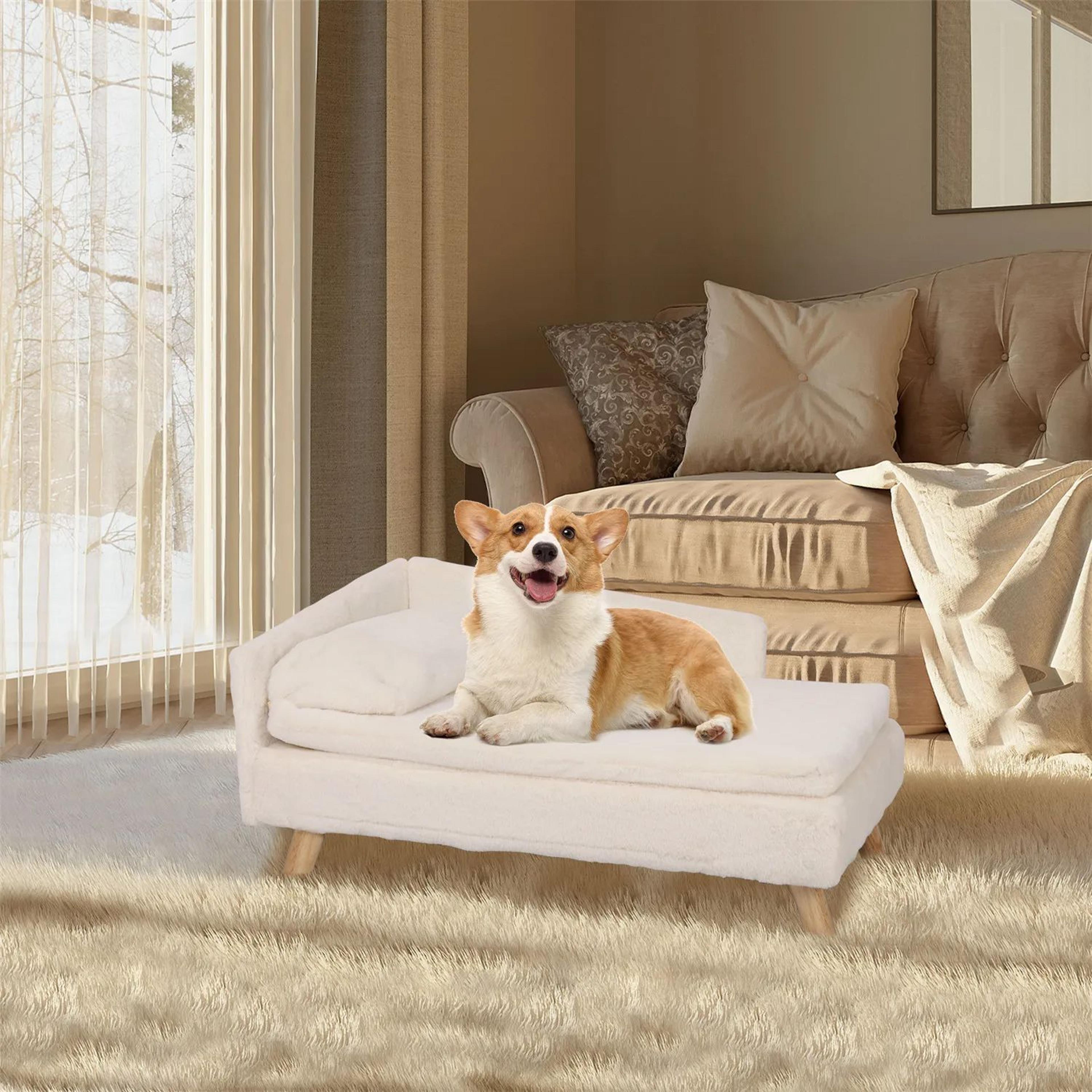 elevated pet bed sofa, nordic pet stool bed with cozy pad waterproof, pet sofa bed with sturdy wood legs for small dog