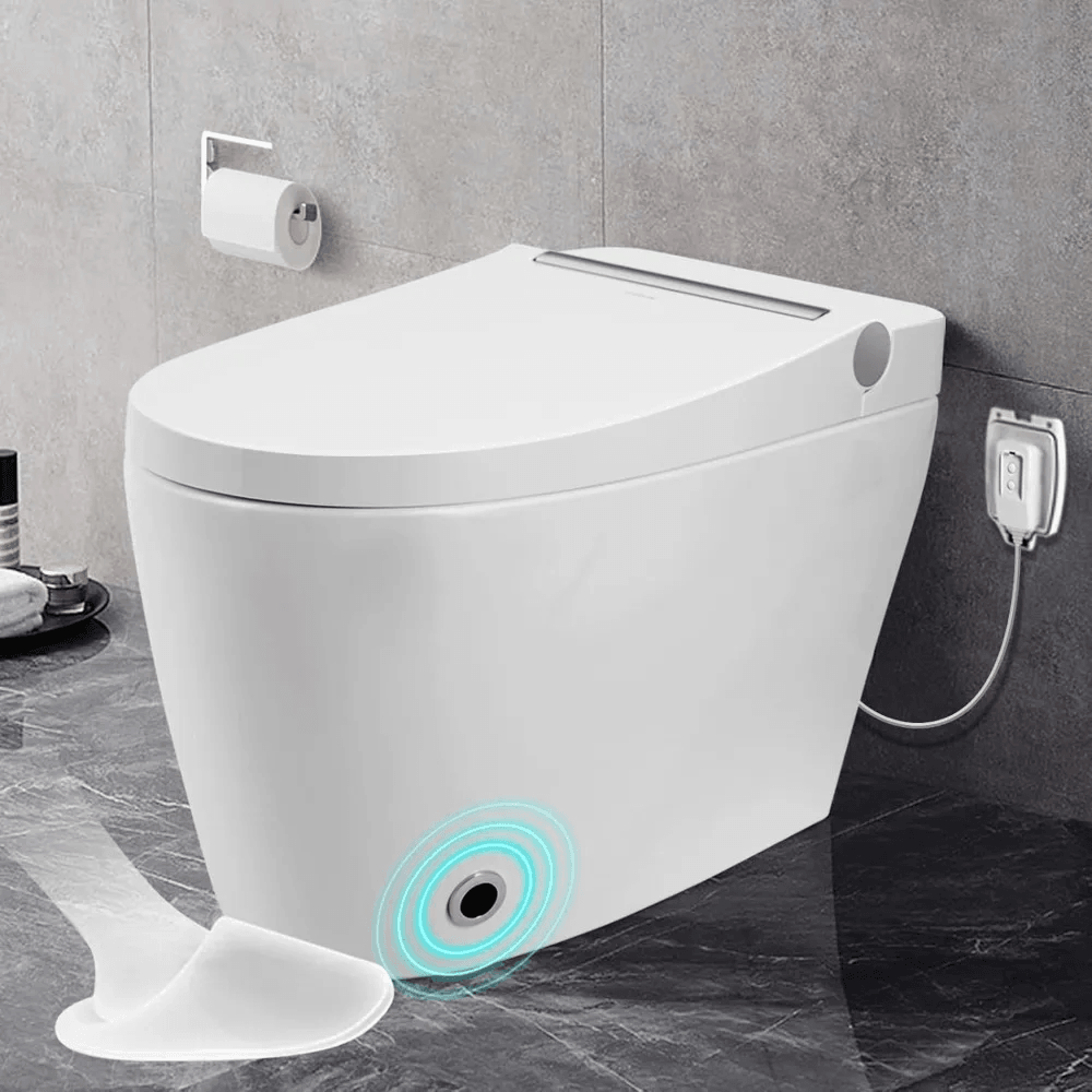 heated seat smart one-piece toilet, automatic flush, foot sensor & blue night light