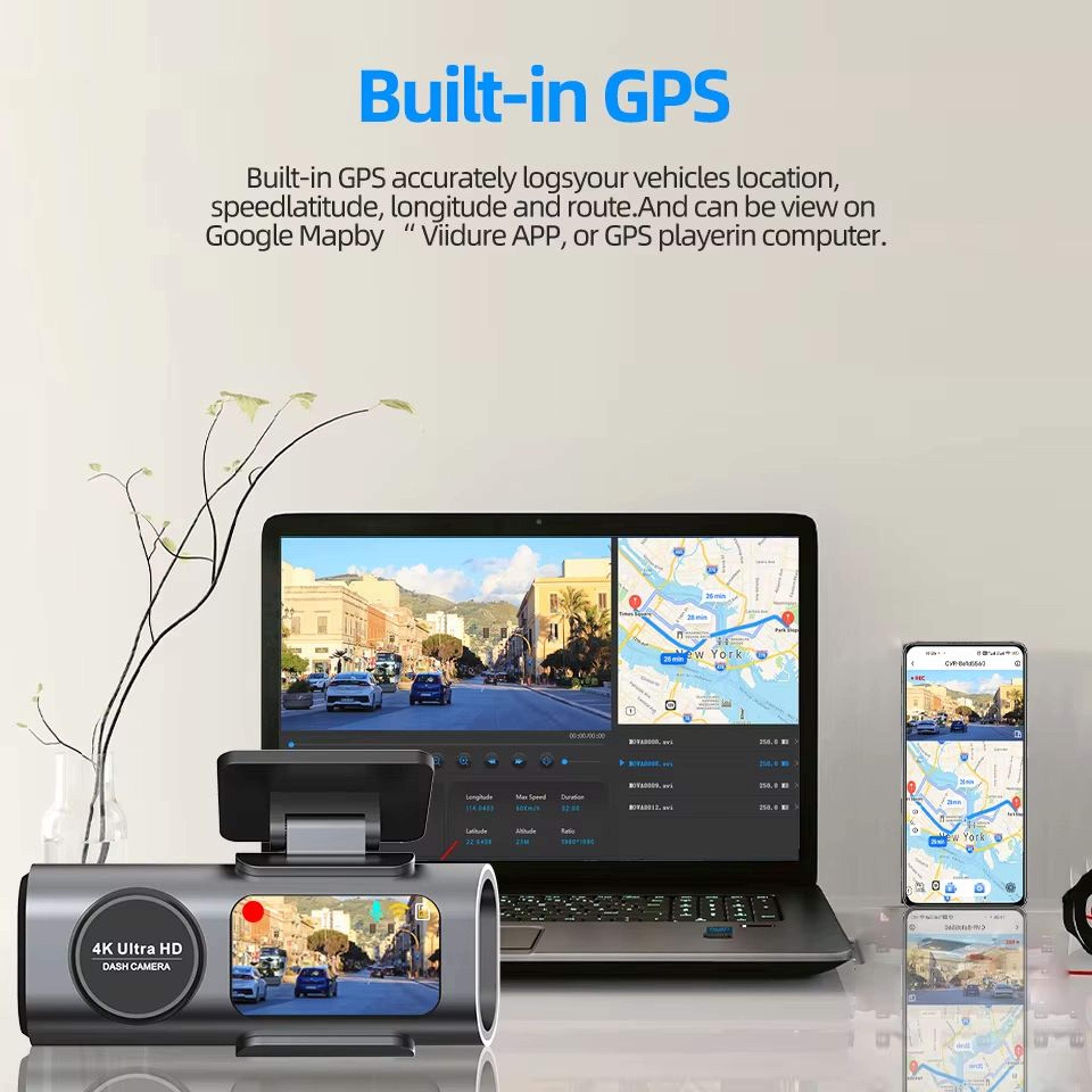 e-ace 4k dashcam with gps & wifi, 24h parking dual lens, 1080p rearview camera, night vision car black box
