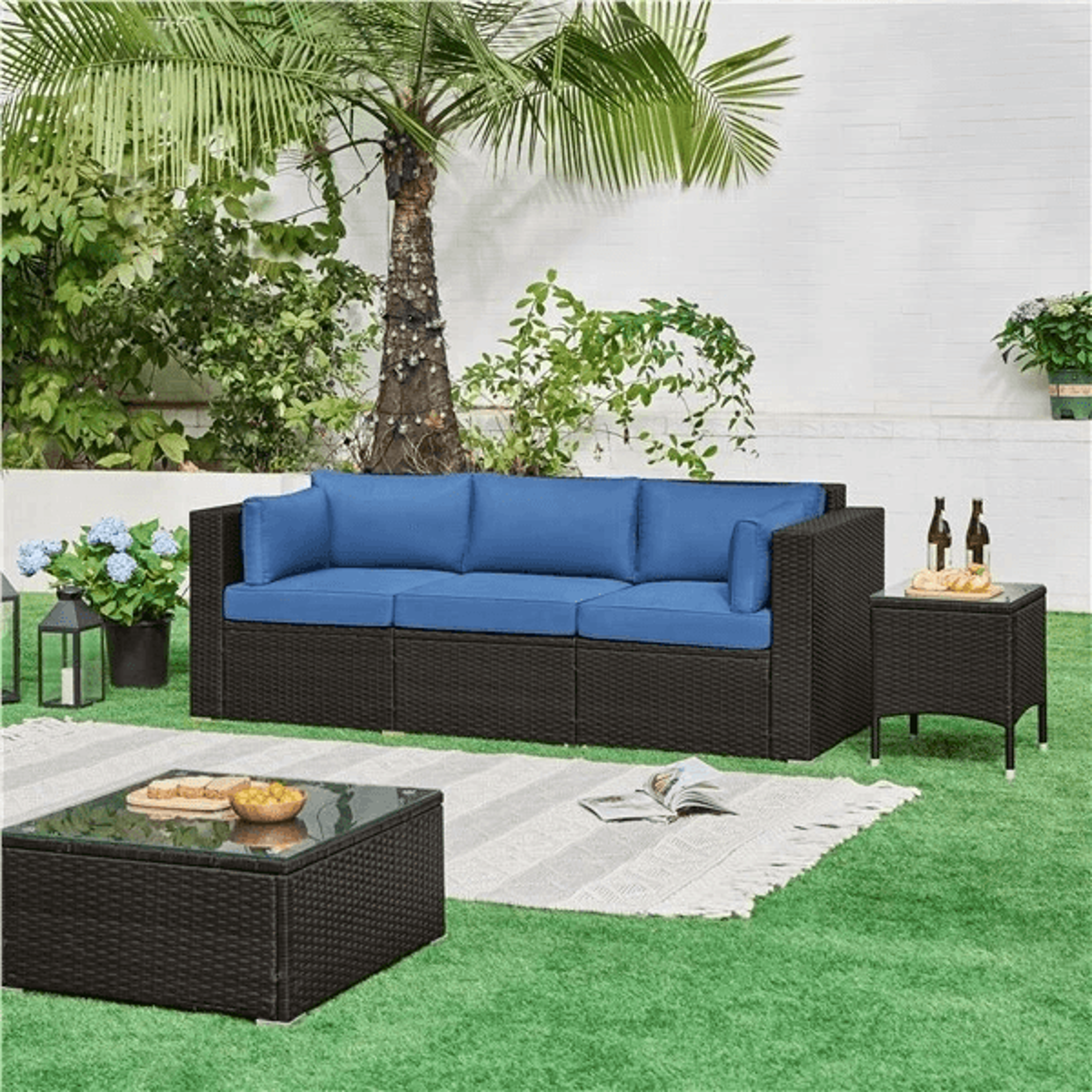 3 seat outdoor rattan couch patio wicker sofa with protective cover & throw pillows, brown/dark blue