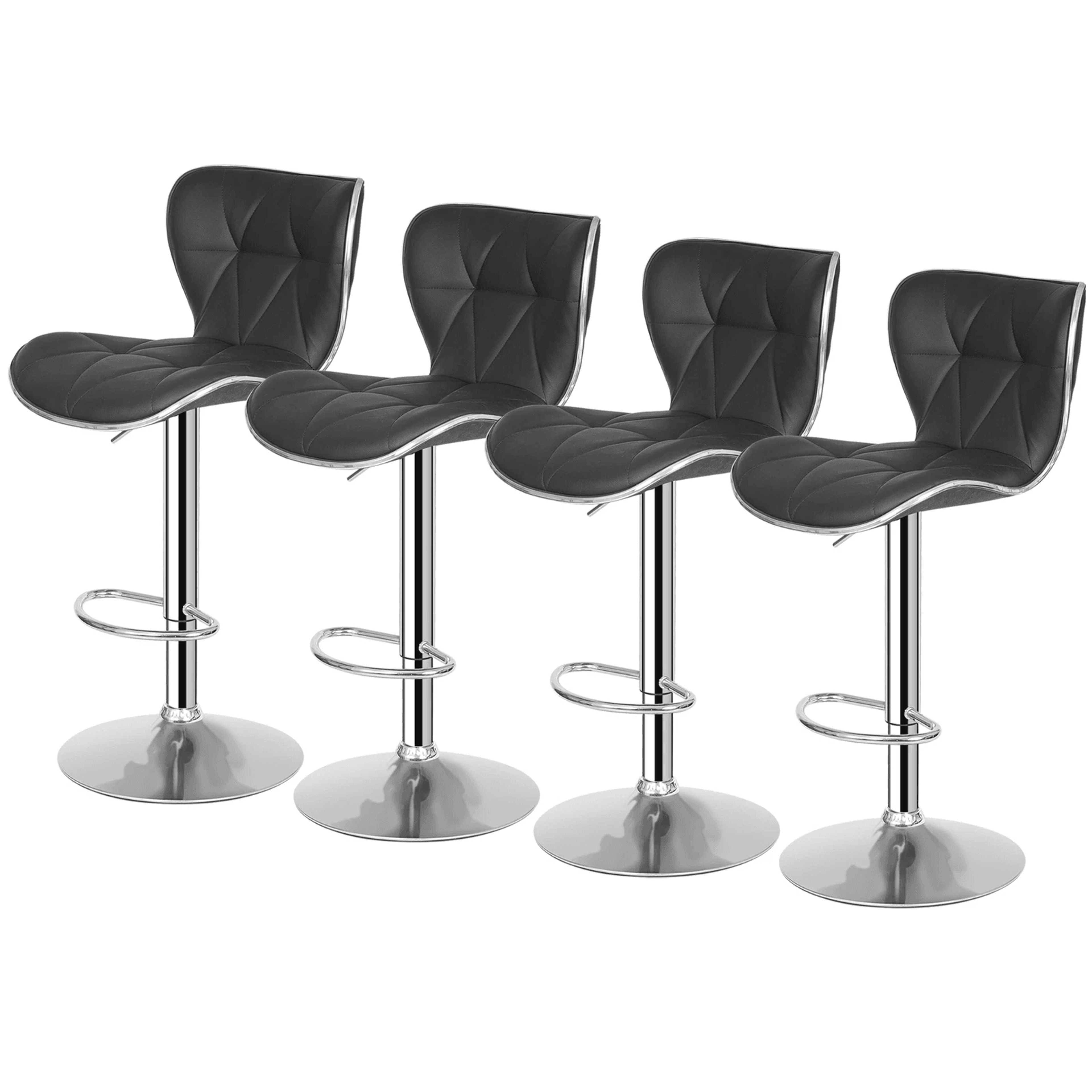 shell back bar stools, adjustable height, swivel pu leather stools with footrest & back, black