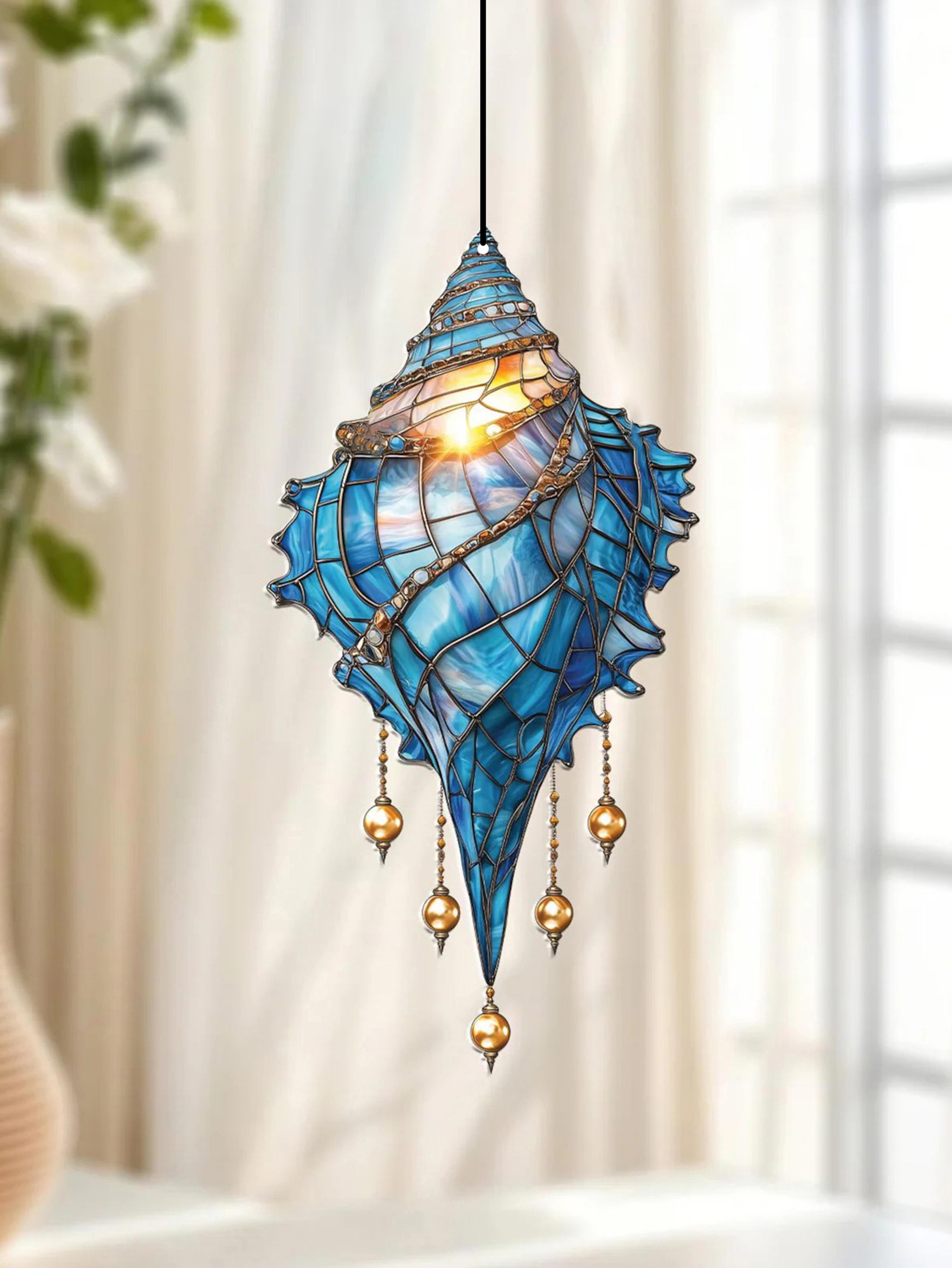 blue acrylic conch shell window suncatcher, coastal beach house hanging ornament, garden pendant, home decor accent