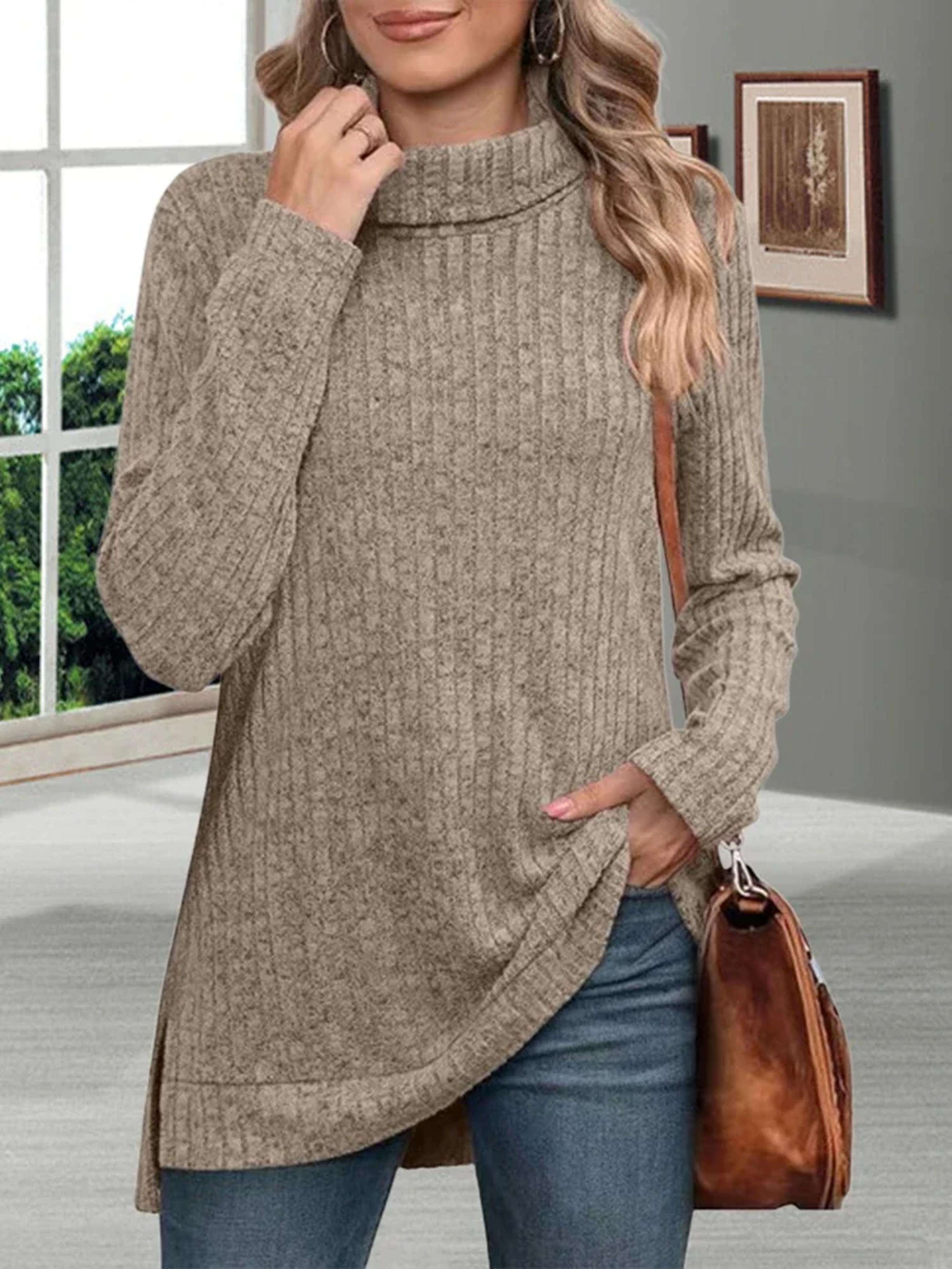 winter thick cold resistant women sweaters, loose knitted turtleneck ladies pullovers, striped soft long sleeved