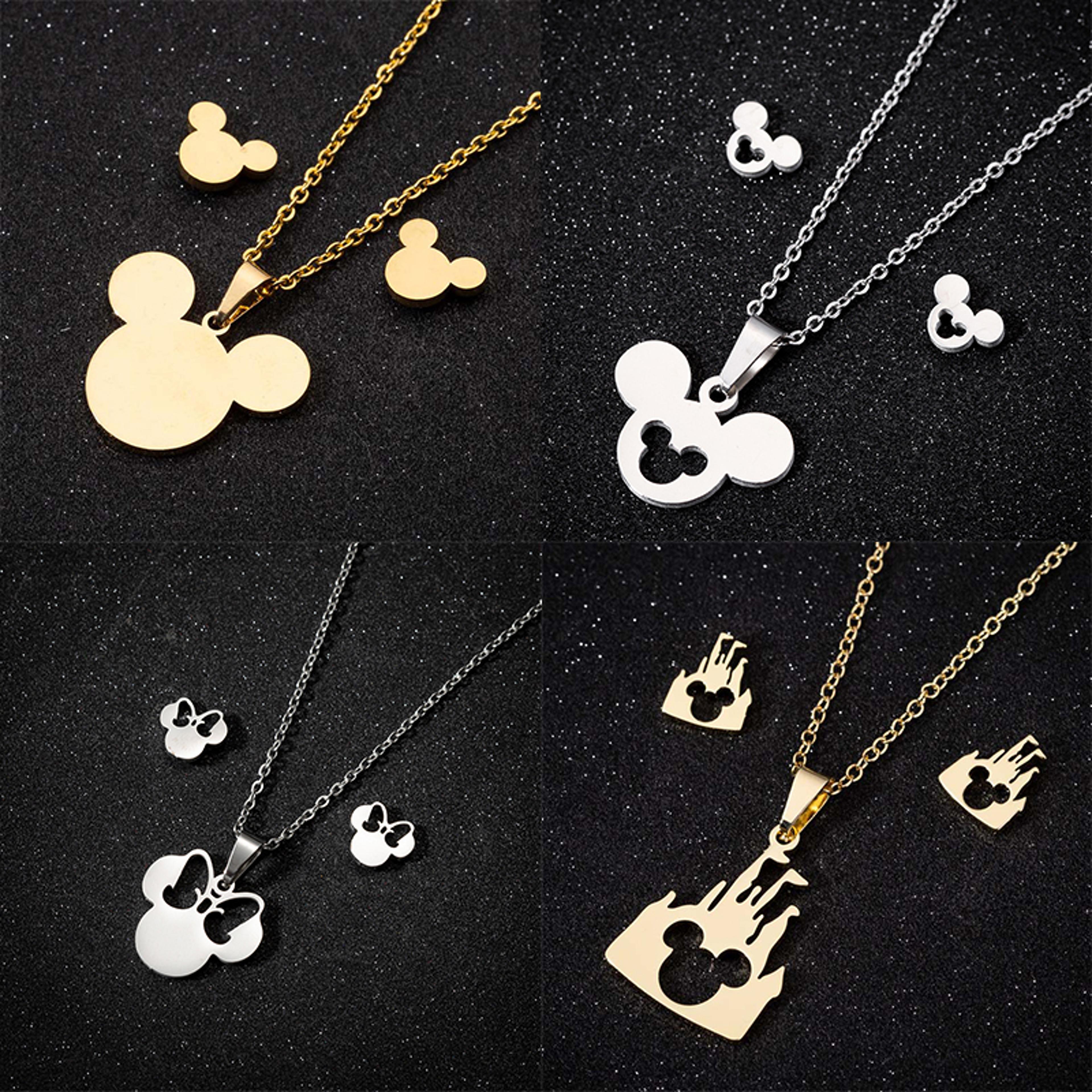 minnie mouse stainless steel jewelry set: cute mickey head stud earrings & necklace in gold/silver for women/girls party