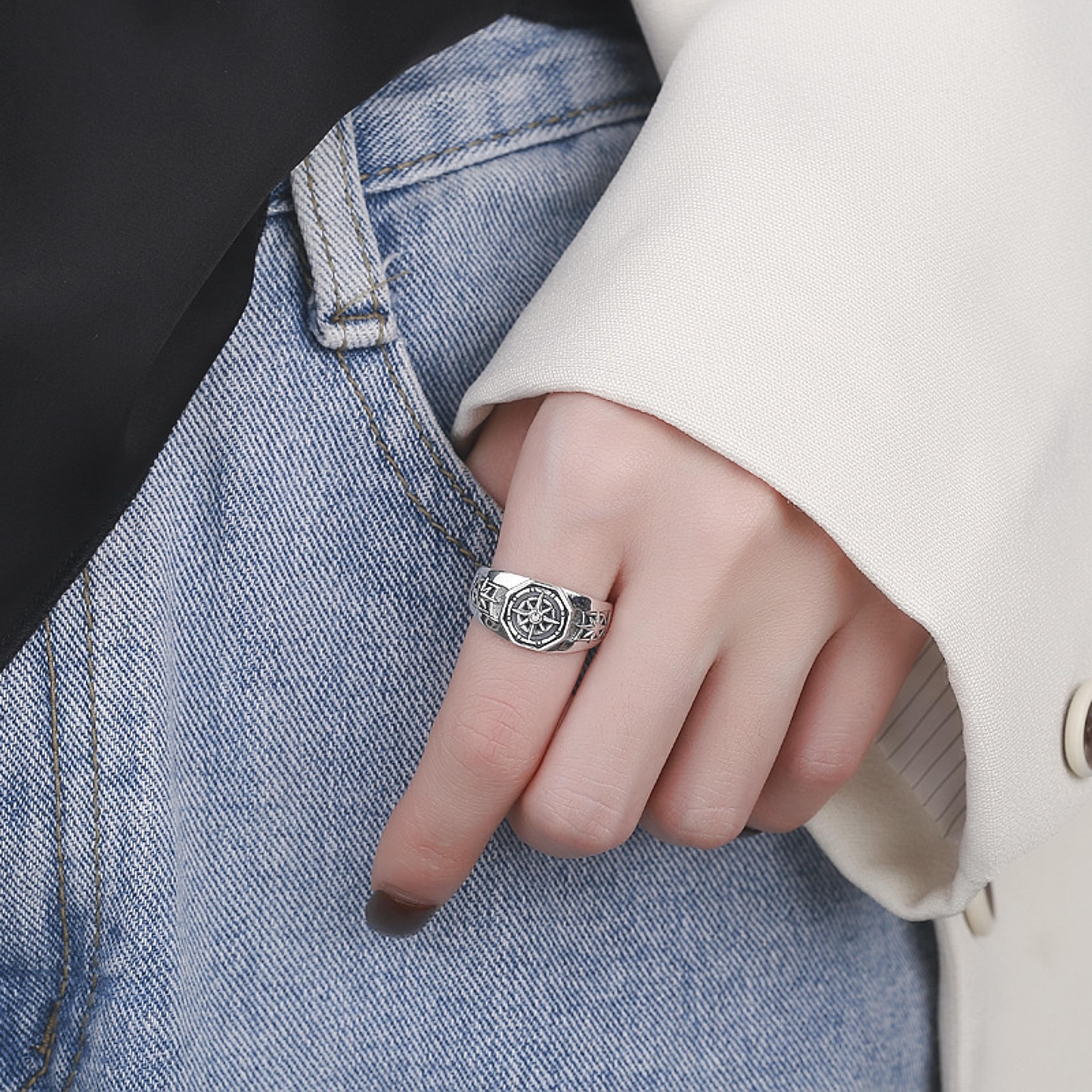 silver-plated poseidon compass hexagram ring: adjustable unisex hip-hop jewelry gift