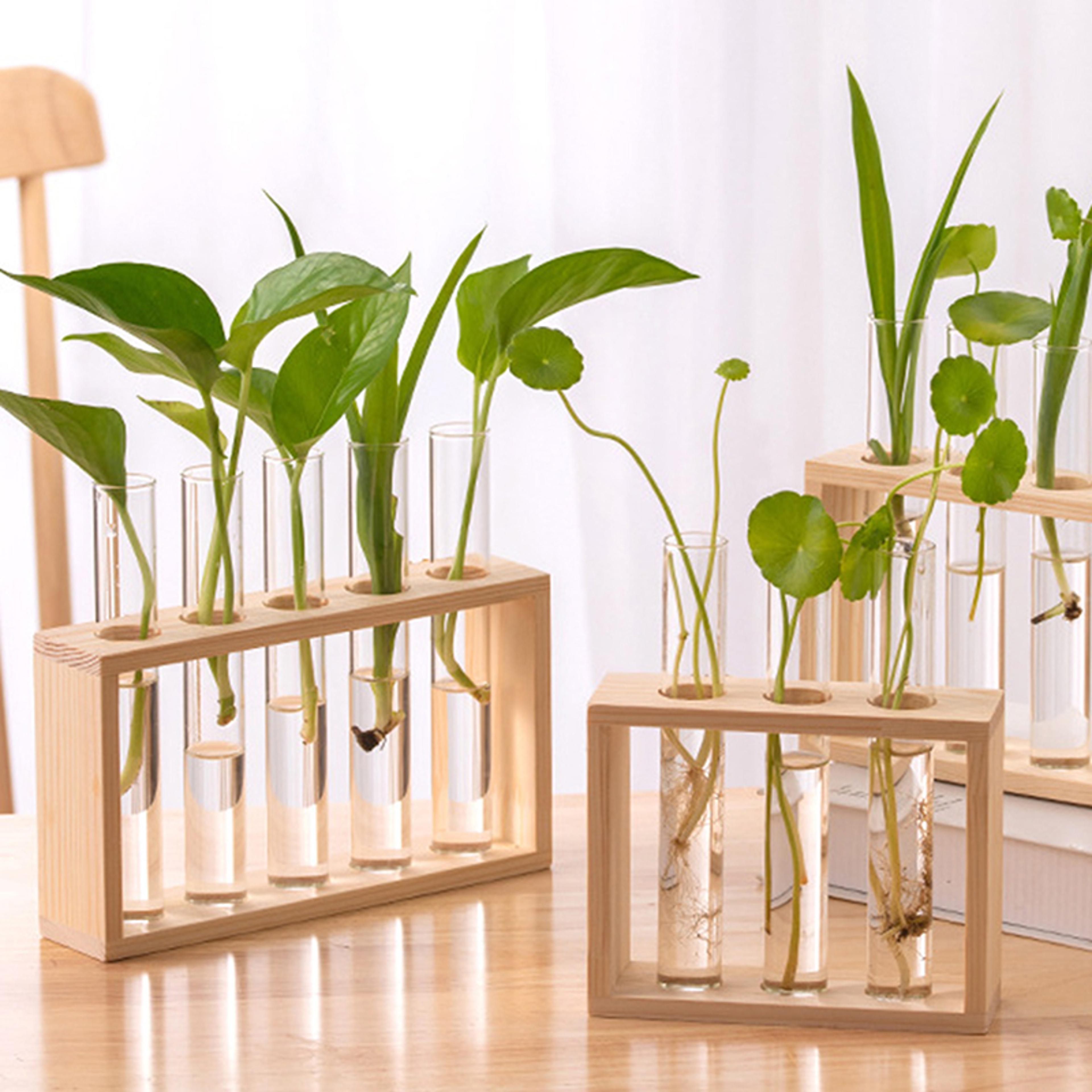 wood frame glass vase, hydroponic plant container, transparent test tube flower pot, tabletop bonsai home decor crafts