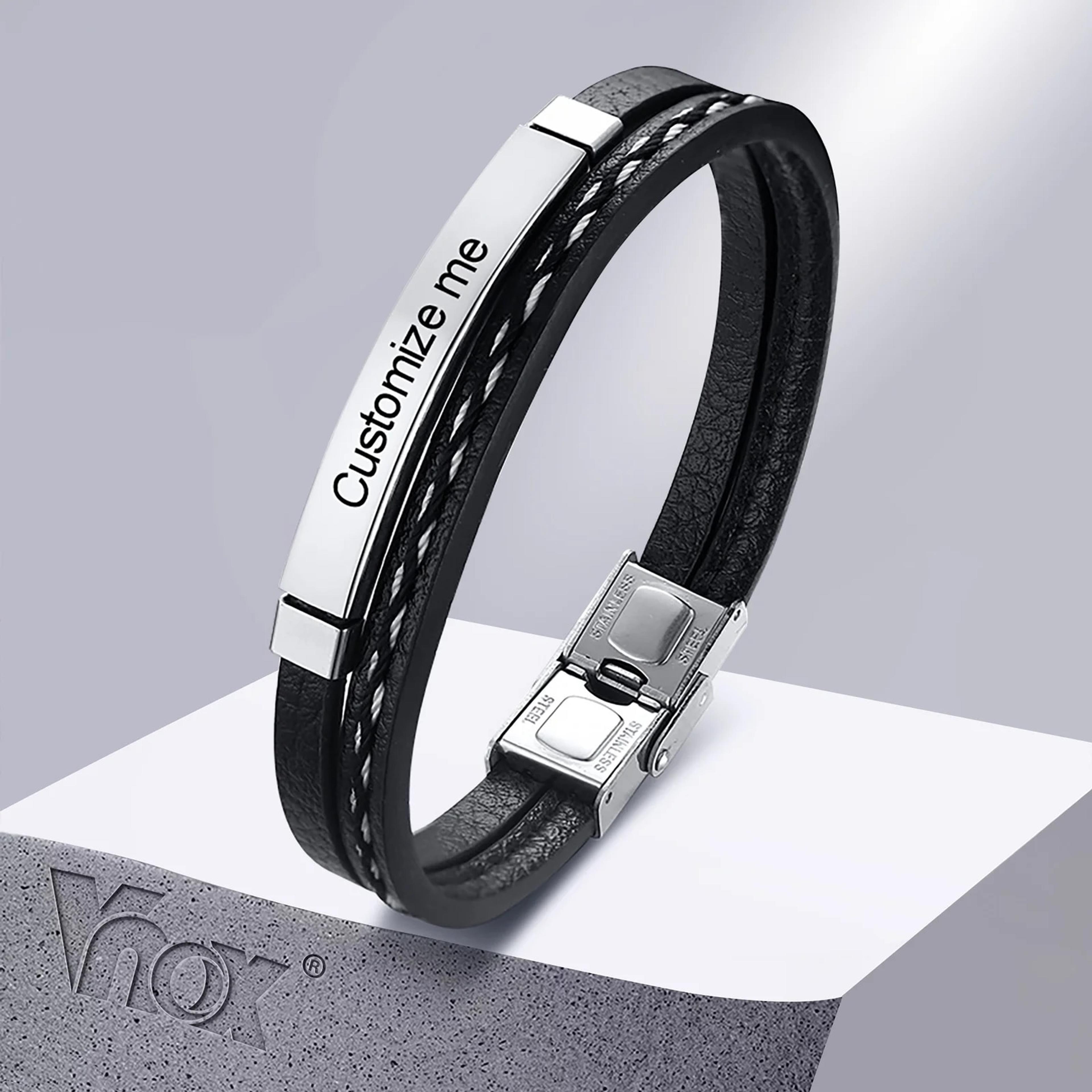 vnox multi layer leather bracelets, customizable engraved stainless steel bangle for men & women