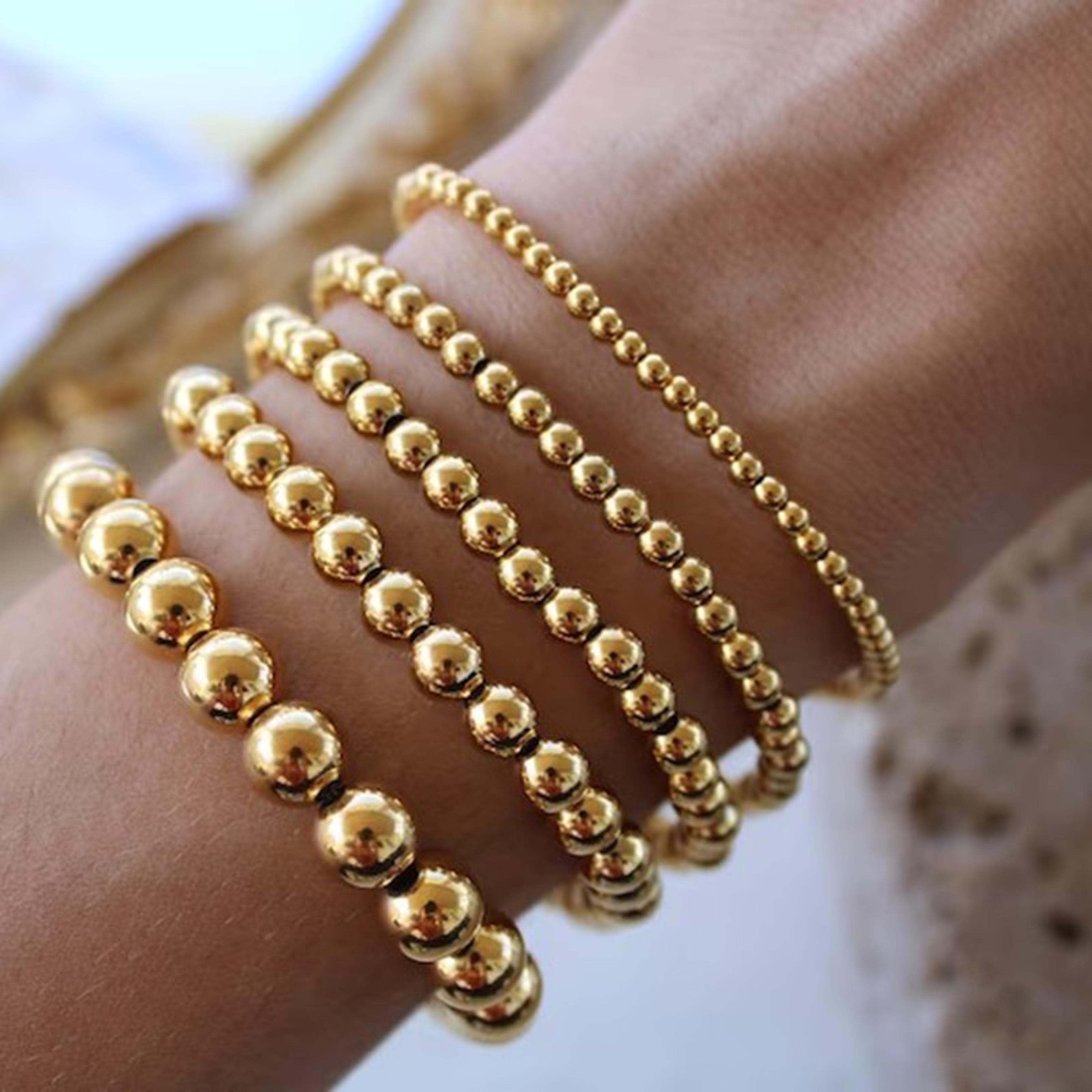 trendy stretch stainless steel bracelets in gold and silver colors: 2mm, 5mm, 8mm stacked ball beaded bracelets for wome
