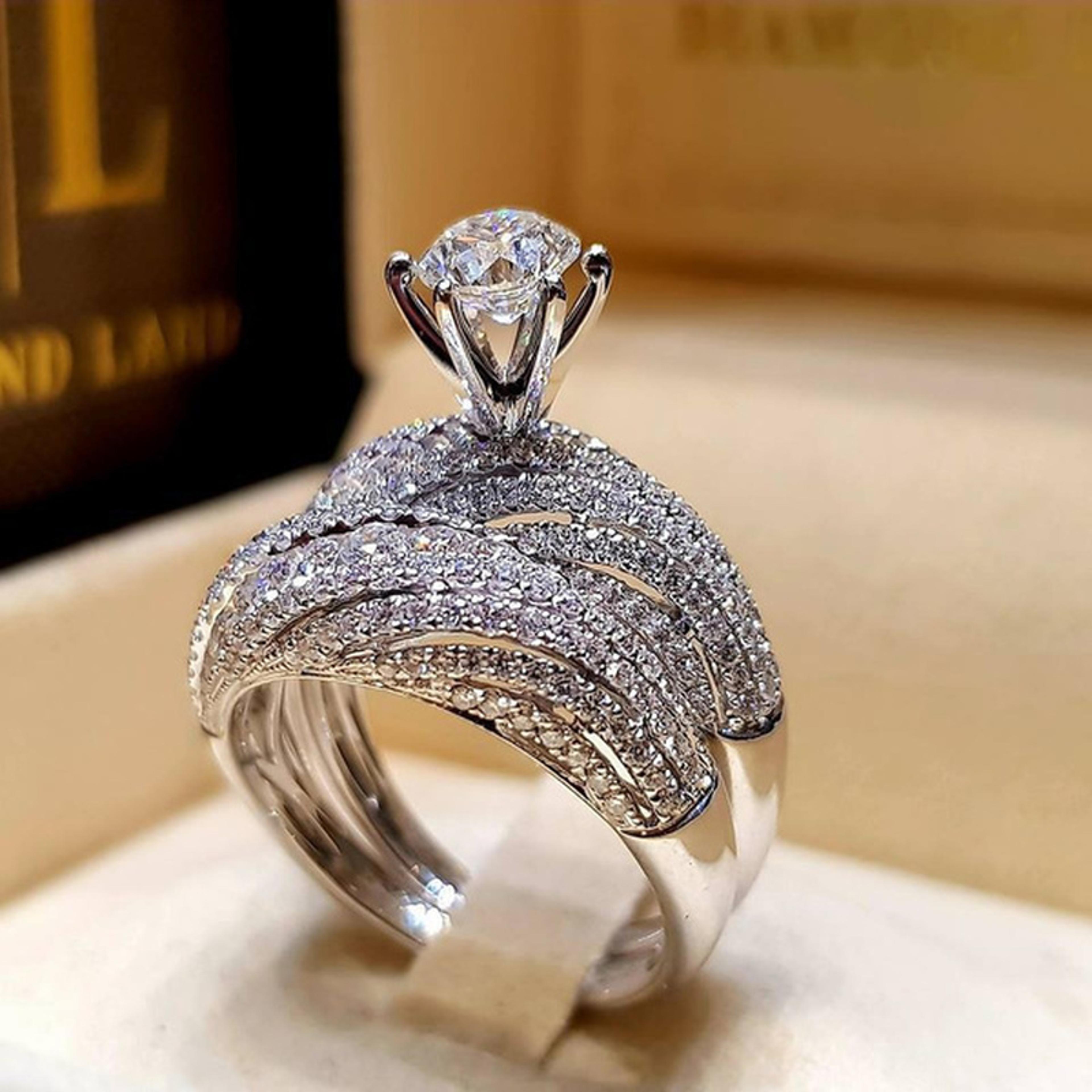 stunning silver hip hop ring with white zircon stones - ideal for bridal engagement