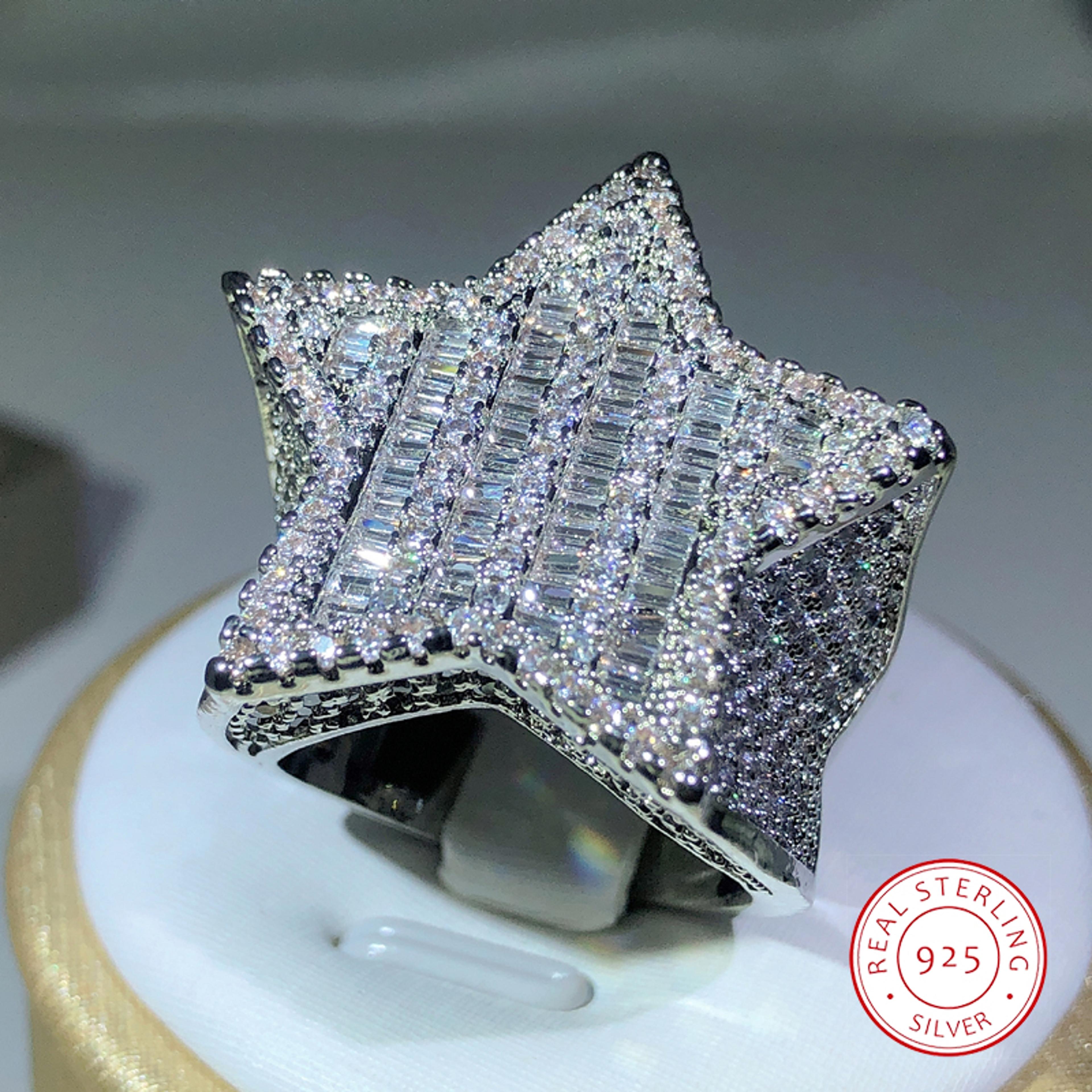 925 silver luxury star diamond rings: solid white/yellow gold shine jewelry for men/women - perfect hiphop gifts