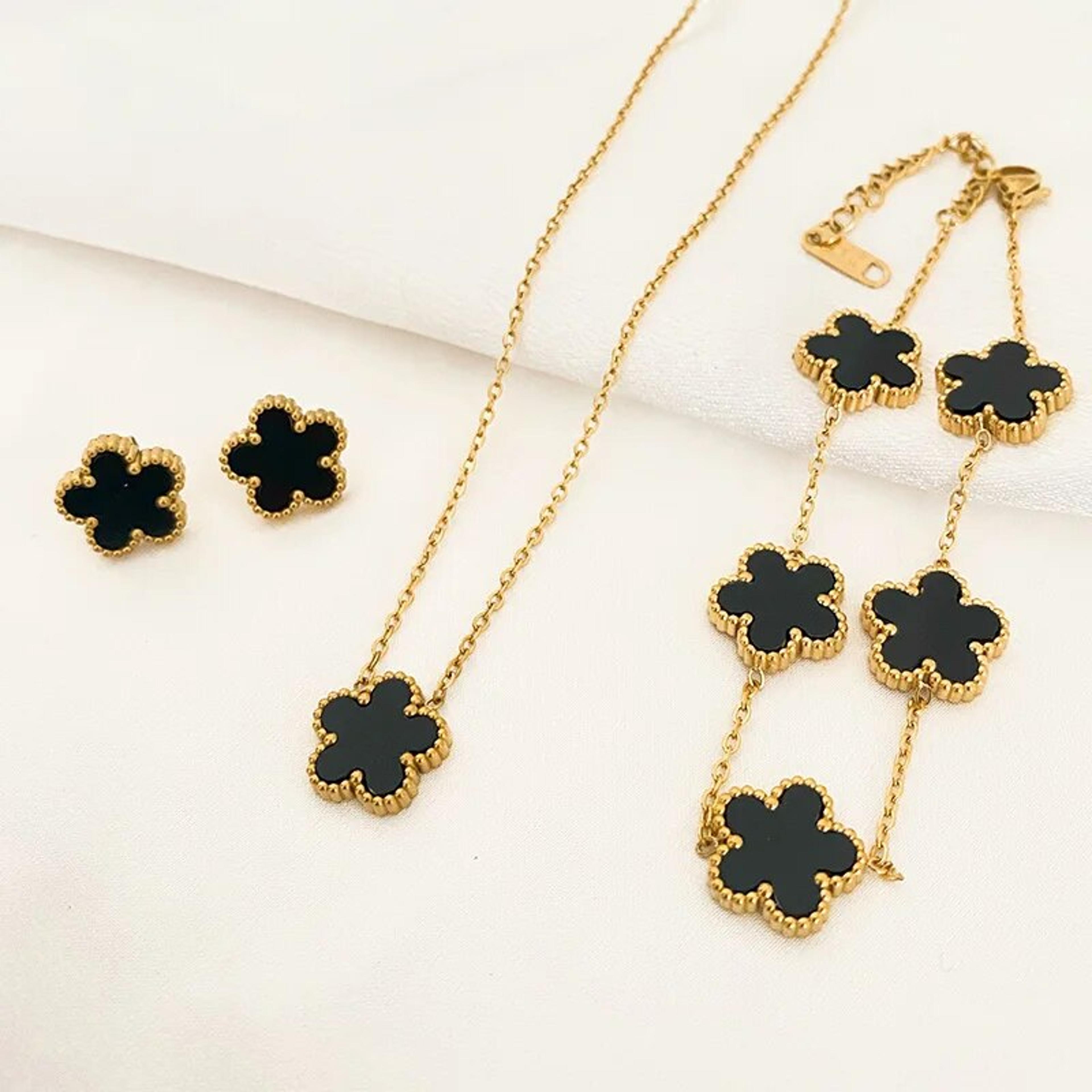 luxury 3-piece stainless steel jewelry set: five leaf flower pendant necklace, earrings & bracelet - trendy women's gift