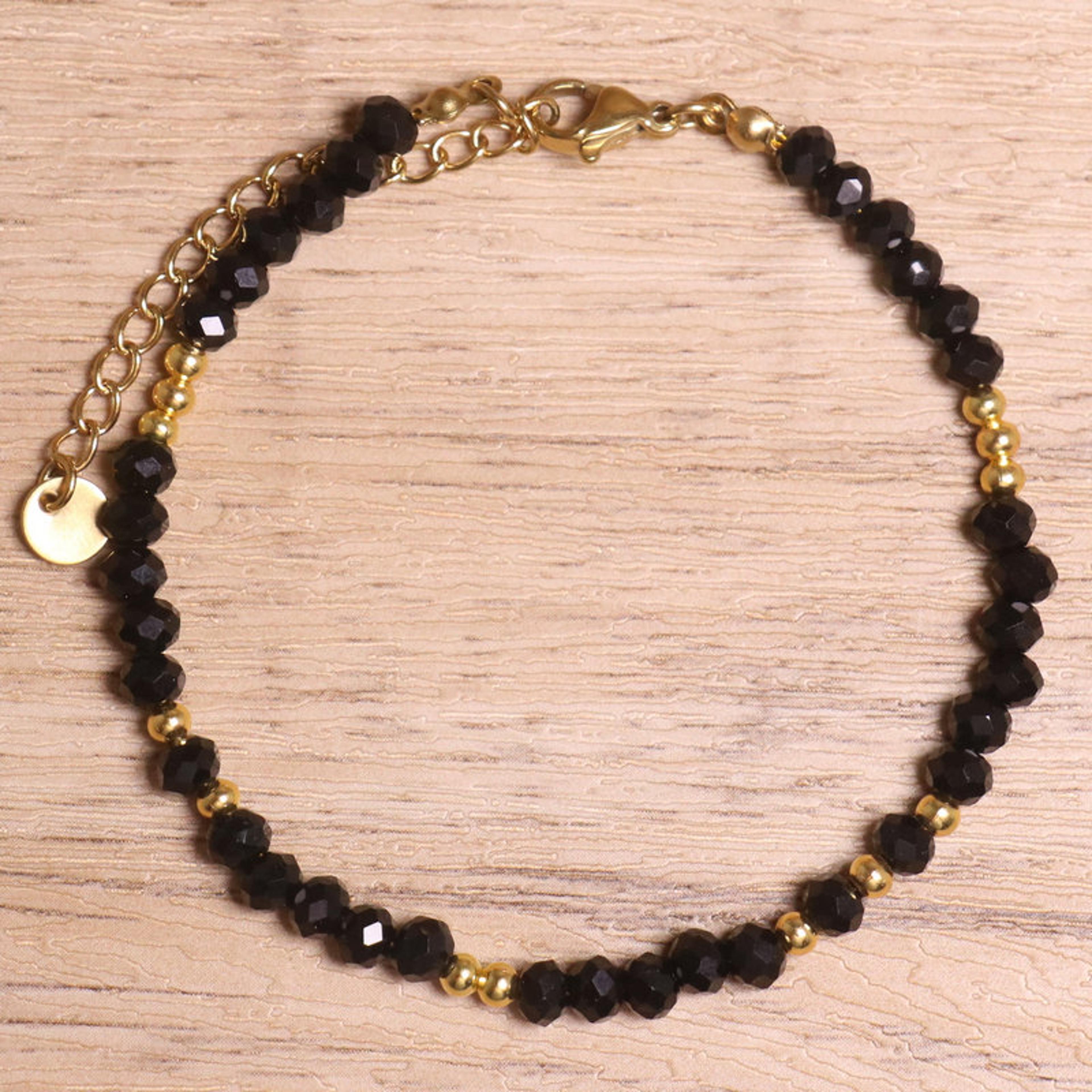 adjustable gold plated bracelet natural black spinel hematite beads for women.