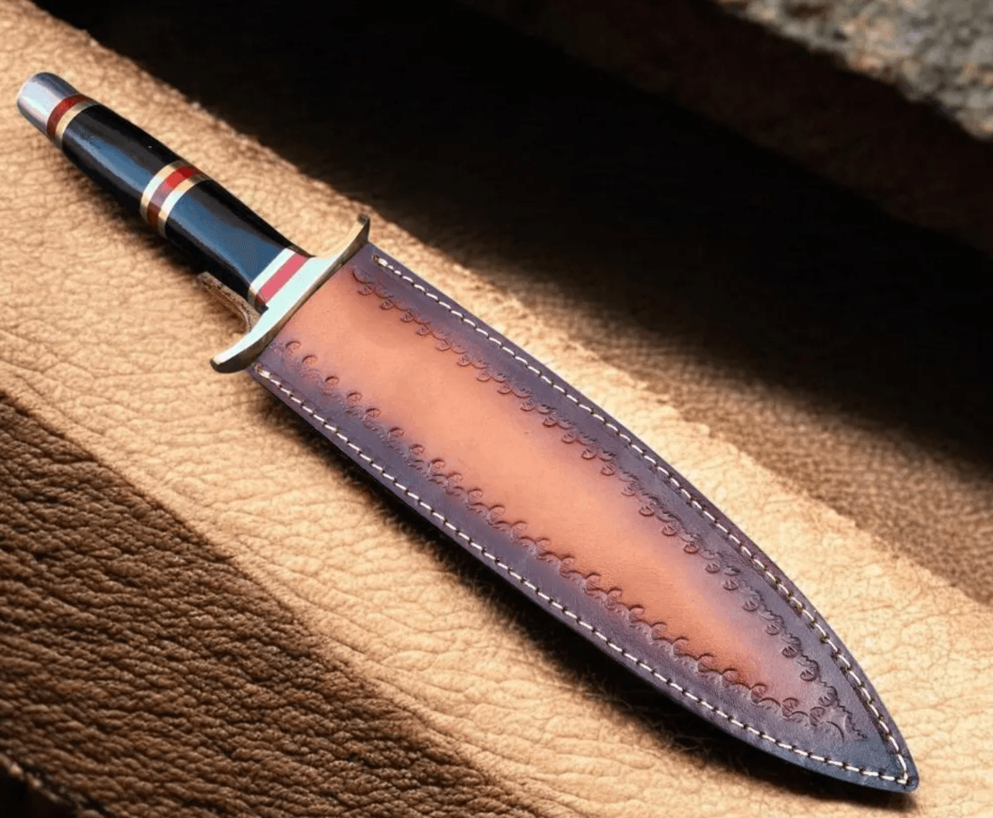 14 inch d2 steel bowie knife | horn handle & brass guard | full tang hunting knife gift