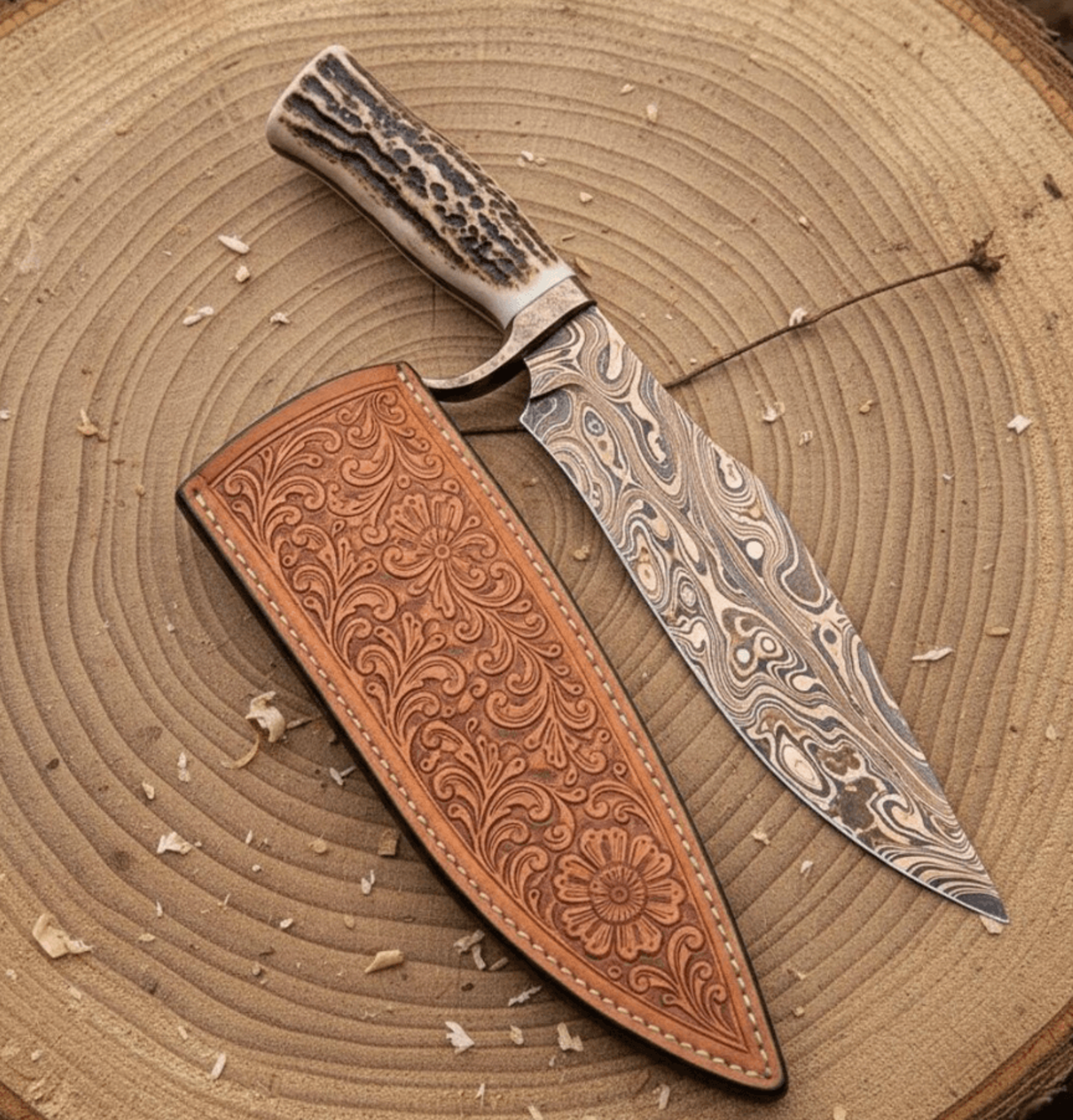 12 inch copper damascus bowie knife | stag handle & brass bolster | handmade hunting & survival knife