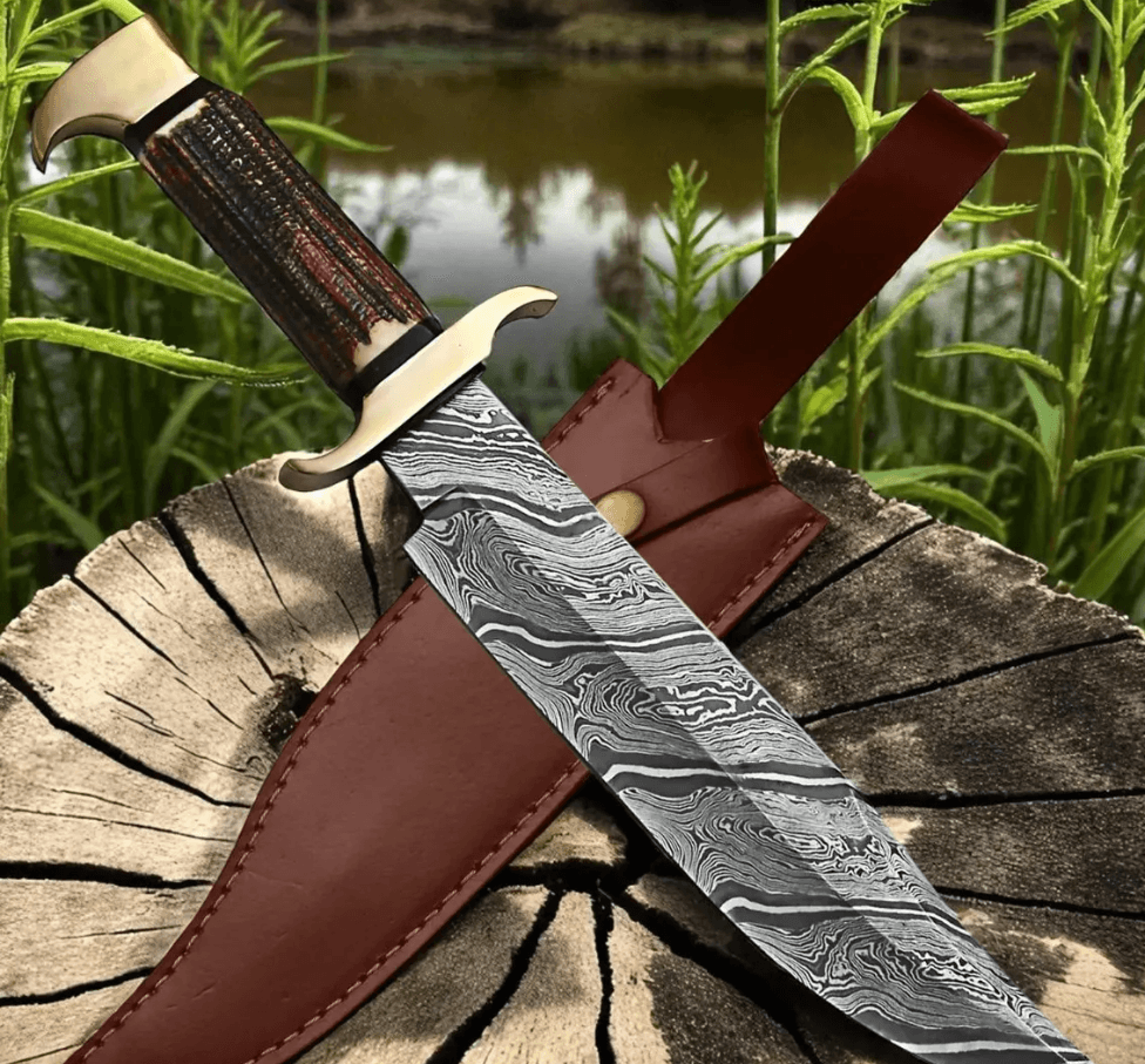 snake damascus bowie knife | deer horn handle | handmade full tang hunting & survival knife